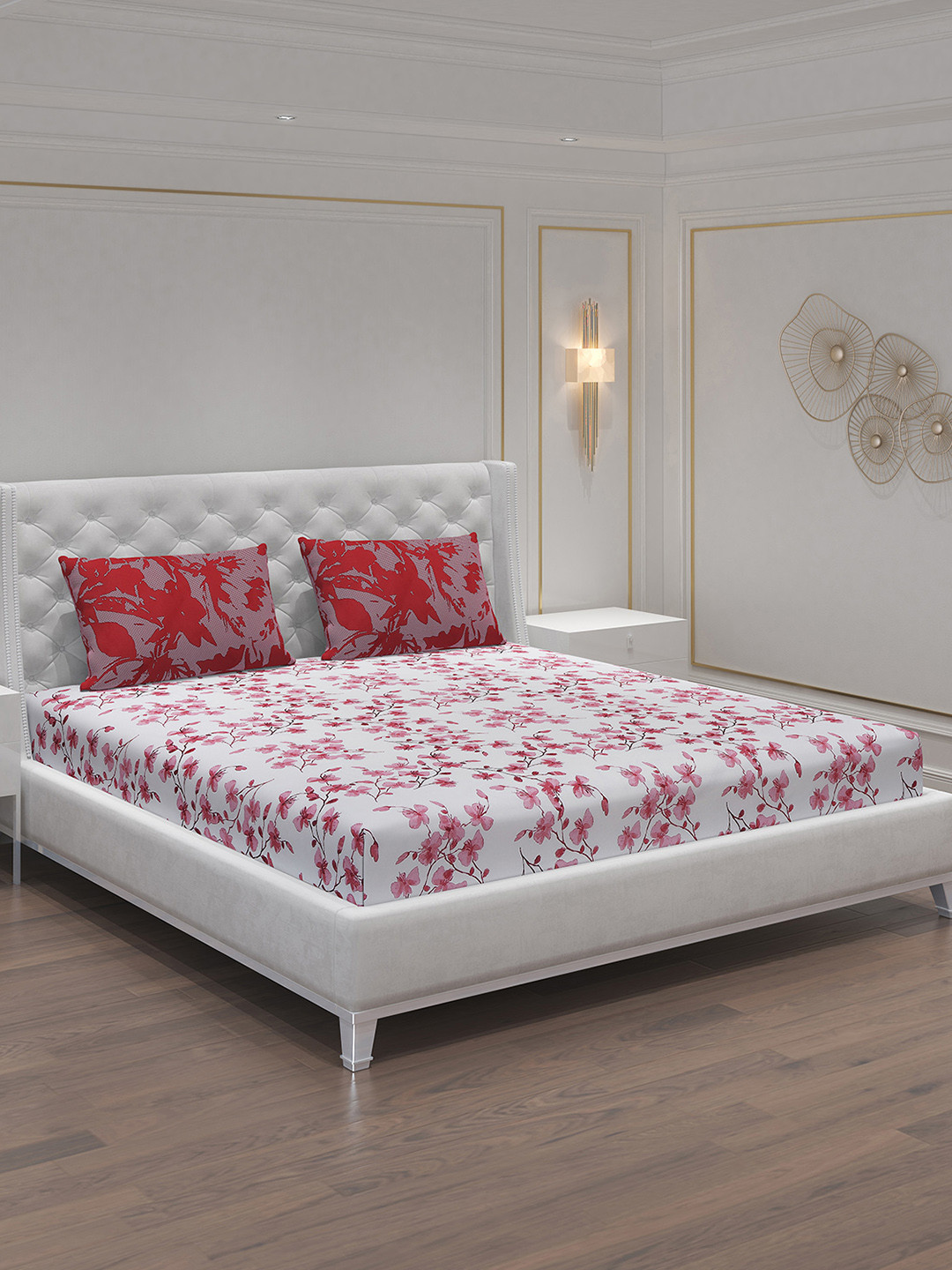 Moca By Monte Carlo Fiona Off White Floral Cotton 104 TC Queen Coarse 2 Bedsheet with 4 Pillow Covers-87 x 94 inches