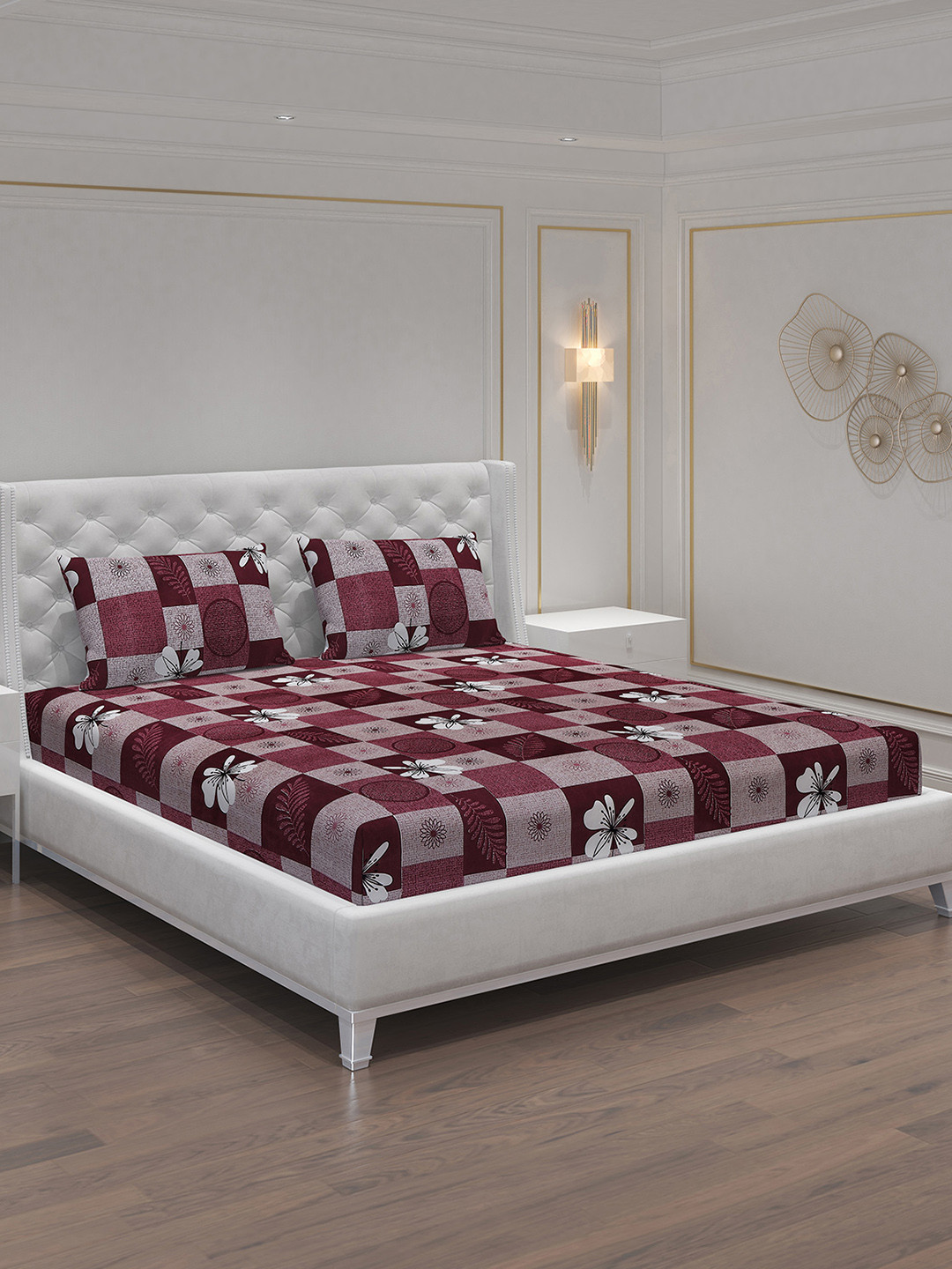 Moca By Monte Carlo Maroon & White Floral 120 TC 2 Queen Bedsheet with 4 Pillow Covers