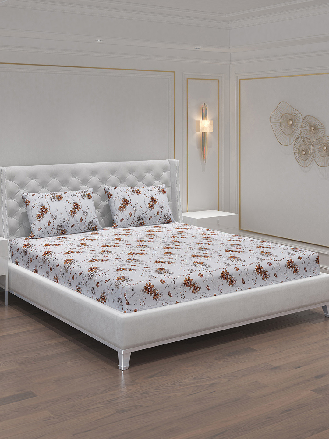 Moca By Monte Carlo White Floral Cotton 104 TC Queen Coarse 2 Bedsheet with 4 Pillow Covers-220 x 240 cm