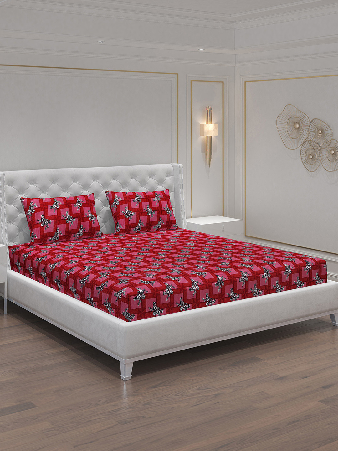 Moca By Monte Carlo Dazzle Red Floral Polycotton 120 TC Queen 2 Bedsheet with 4 Pillow Covers-87 x 94 inches