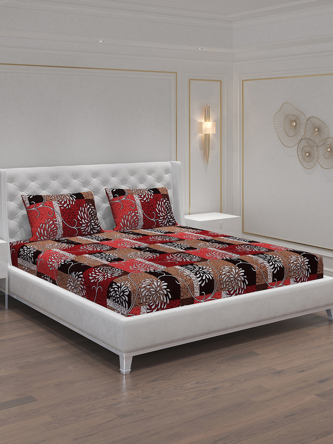 Moca By Monte Carlo Dazzle Brown Ethnic Motifs Polycotton 120 TC Queen Fine 2 Bedsheet with 4 Pillow Covers-87 x 94 inches