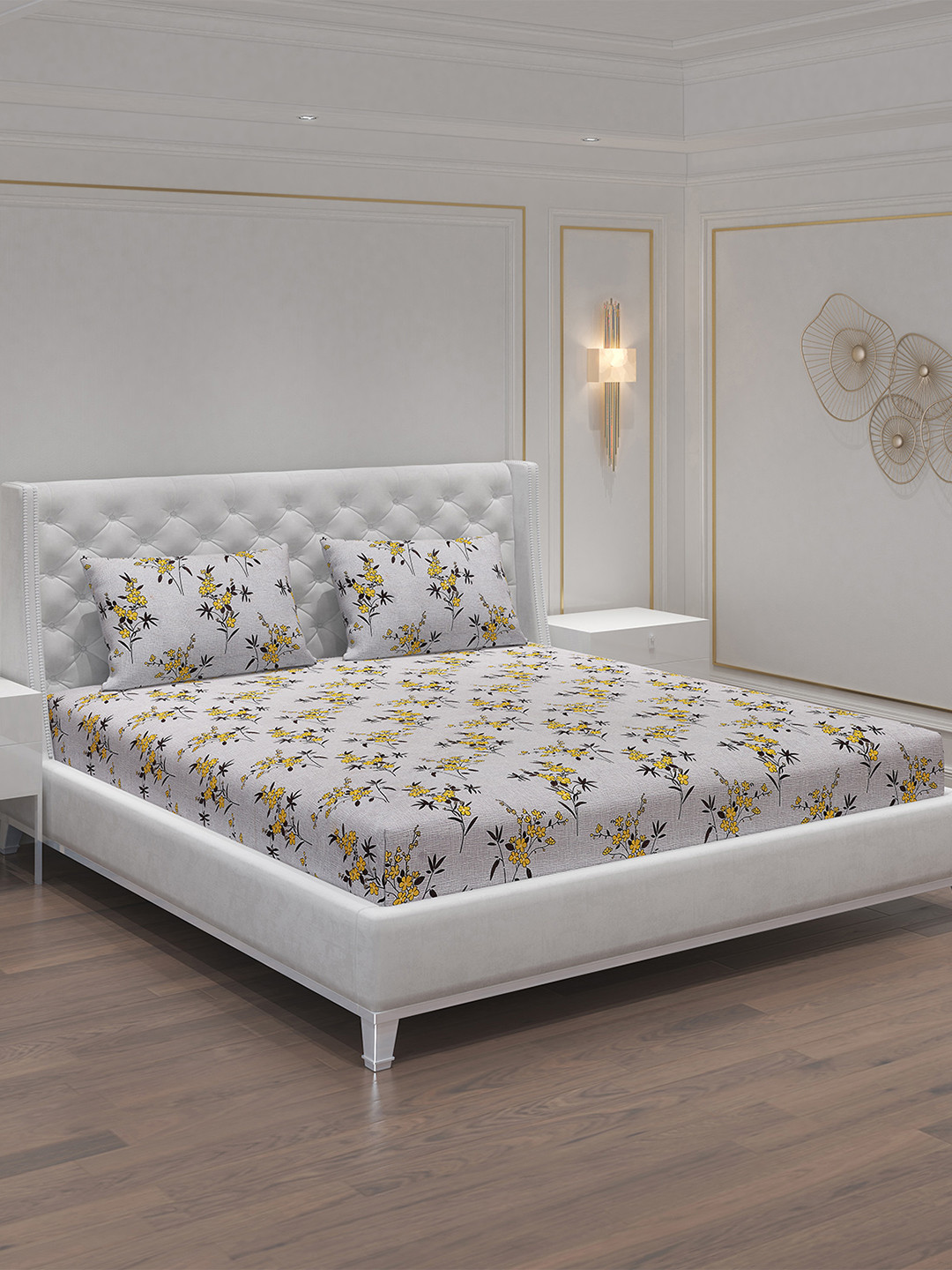 Moca By Monte Carlo Dazzle Grey Floral Polycotton 120 TC Queen Fine 2 Bedsheet with 4 Pillow Covers-87 x 94 inches