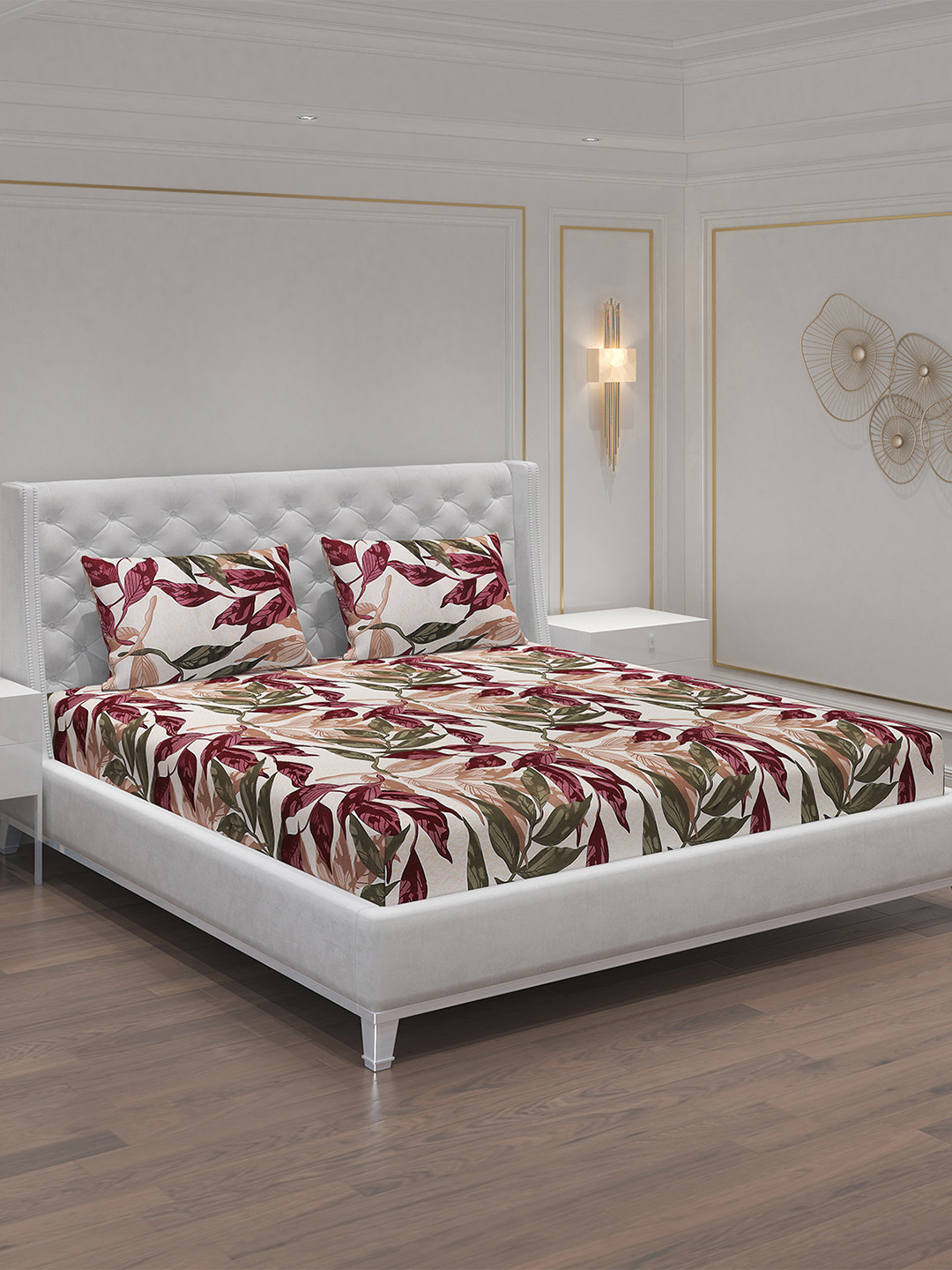 Moca By Monte Carlo Cream Leaf Polycotton 120 TC Queen Fine 2 Bedsheet with 4 Pillow Covers-220 x 240 cm