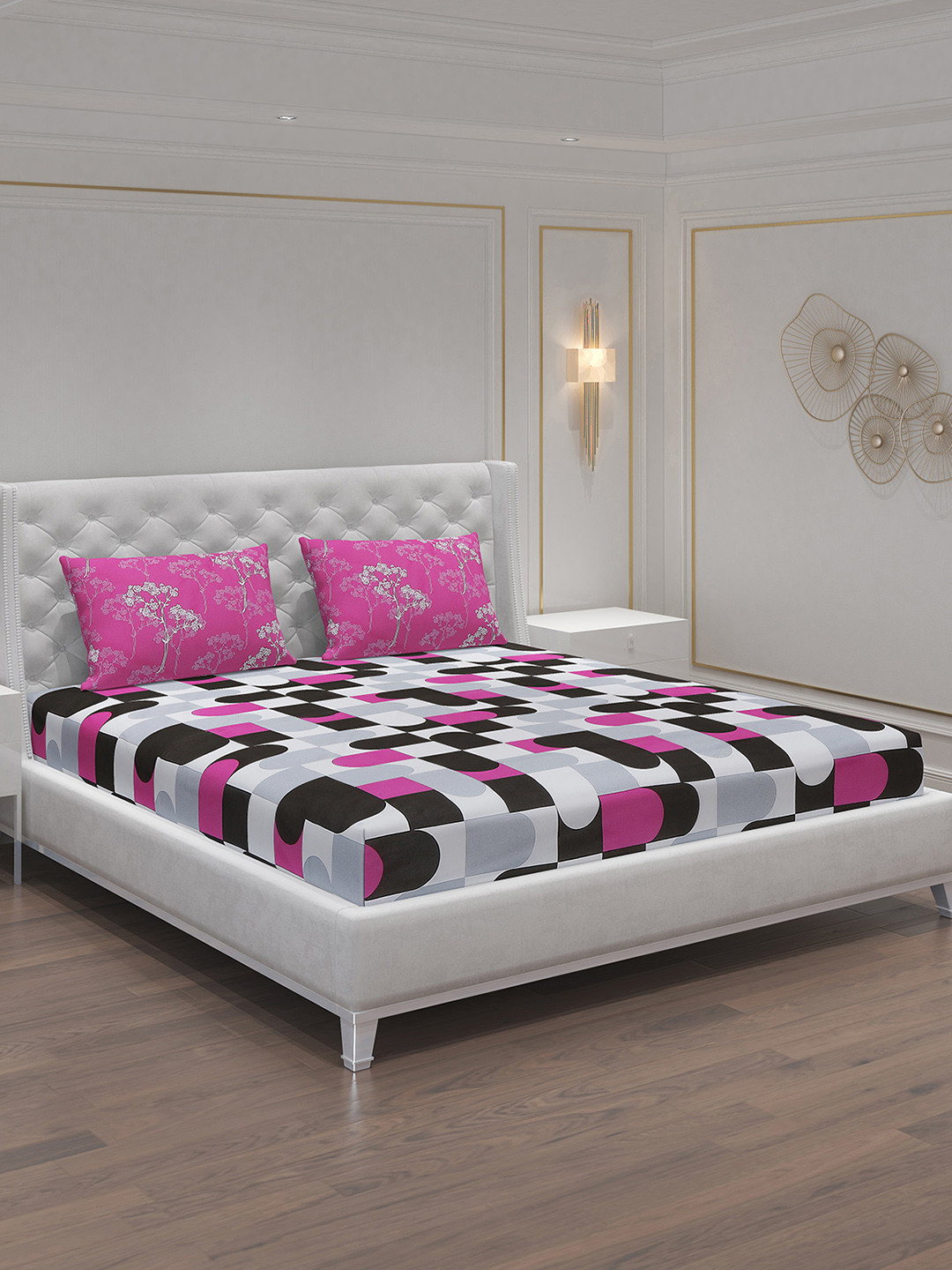 Moca By Monte Carlo Badmeri Grey Geometric Cotton 104 TC Queen Coarse 2 Bedsheet with 4 Pillow Covers-220 x 240 cm