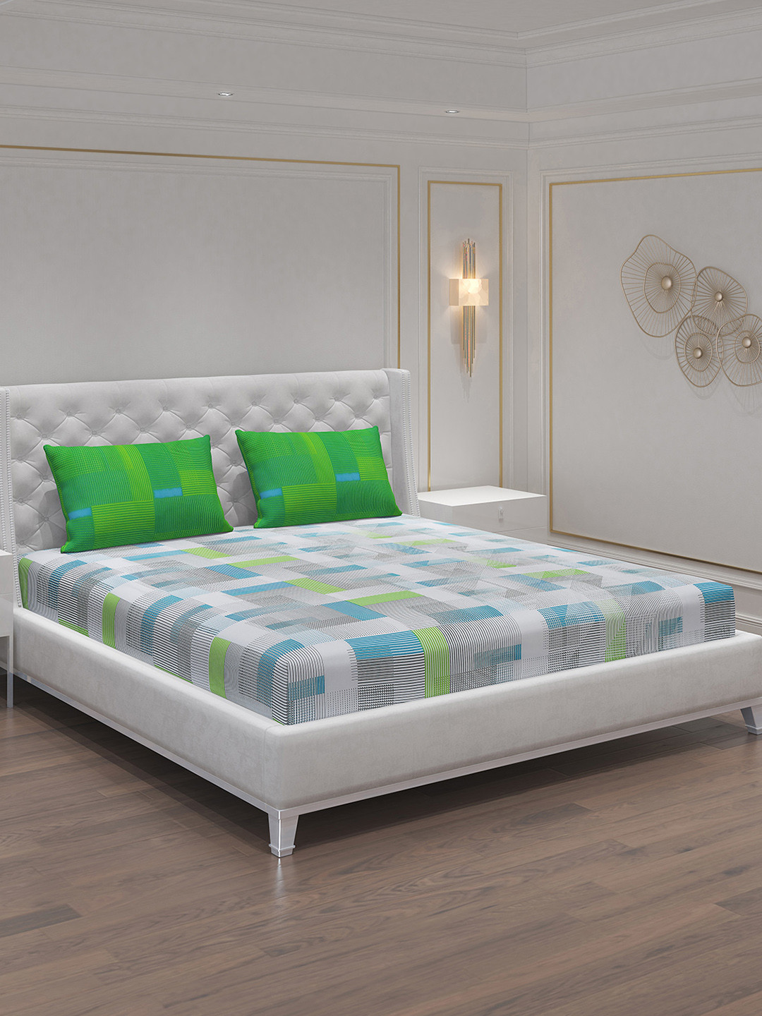 Moca By Monte Carlo Fiona White Abstract Cotton 104 TC Queen Coarse 2 Bedsheet with 4 Pillow Covers-87 x 94 inches