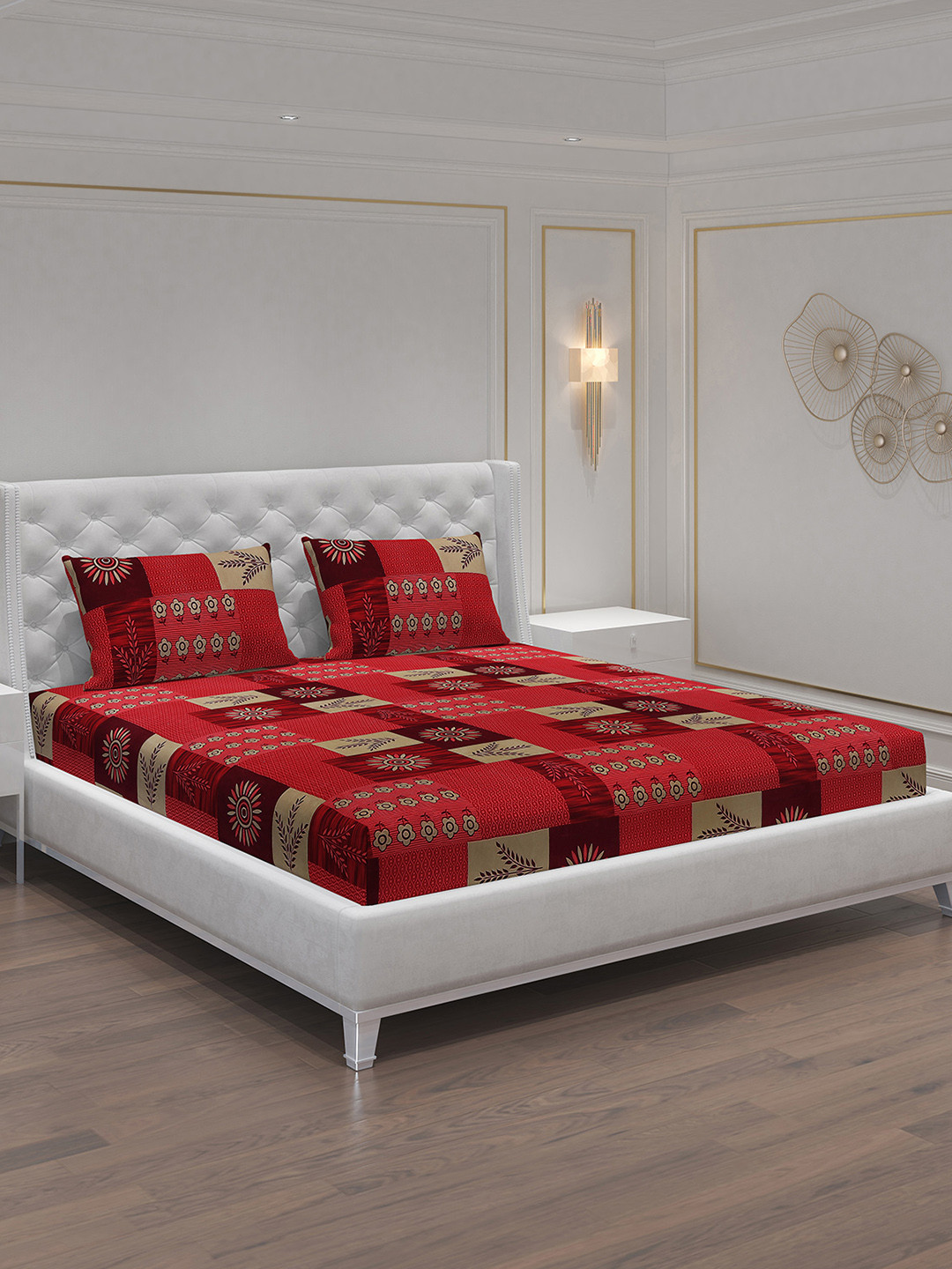 Moca By Monte Carlo Dazzle Red Ethnic Motifs Polycotton 120 TC Queen 2 Bedsheet with 4 Pillow Covers-87 x 94 inches