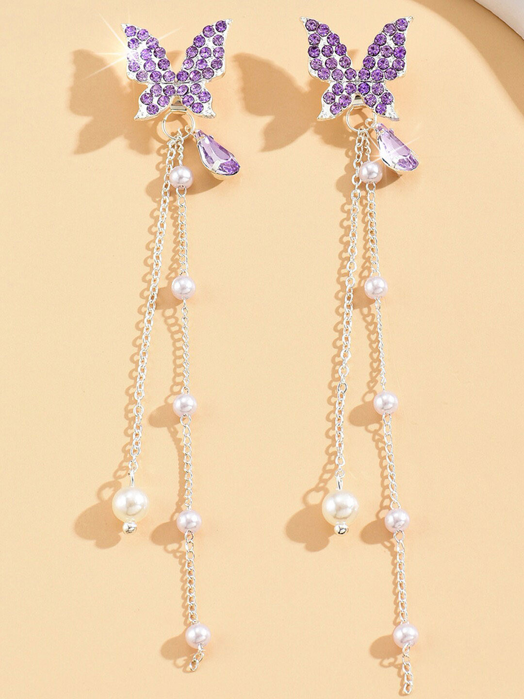 FIMBUL Silver-Plated Tassel Butterfly Shaped Drop Earrings