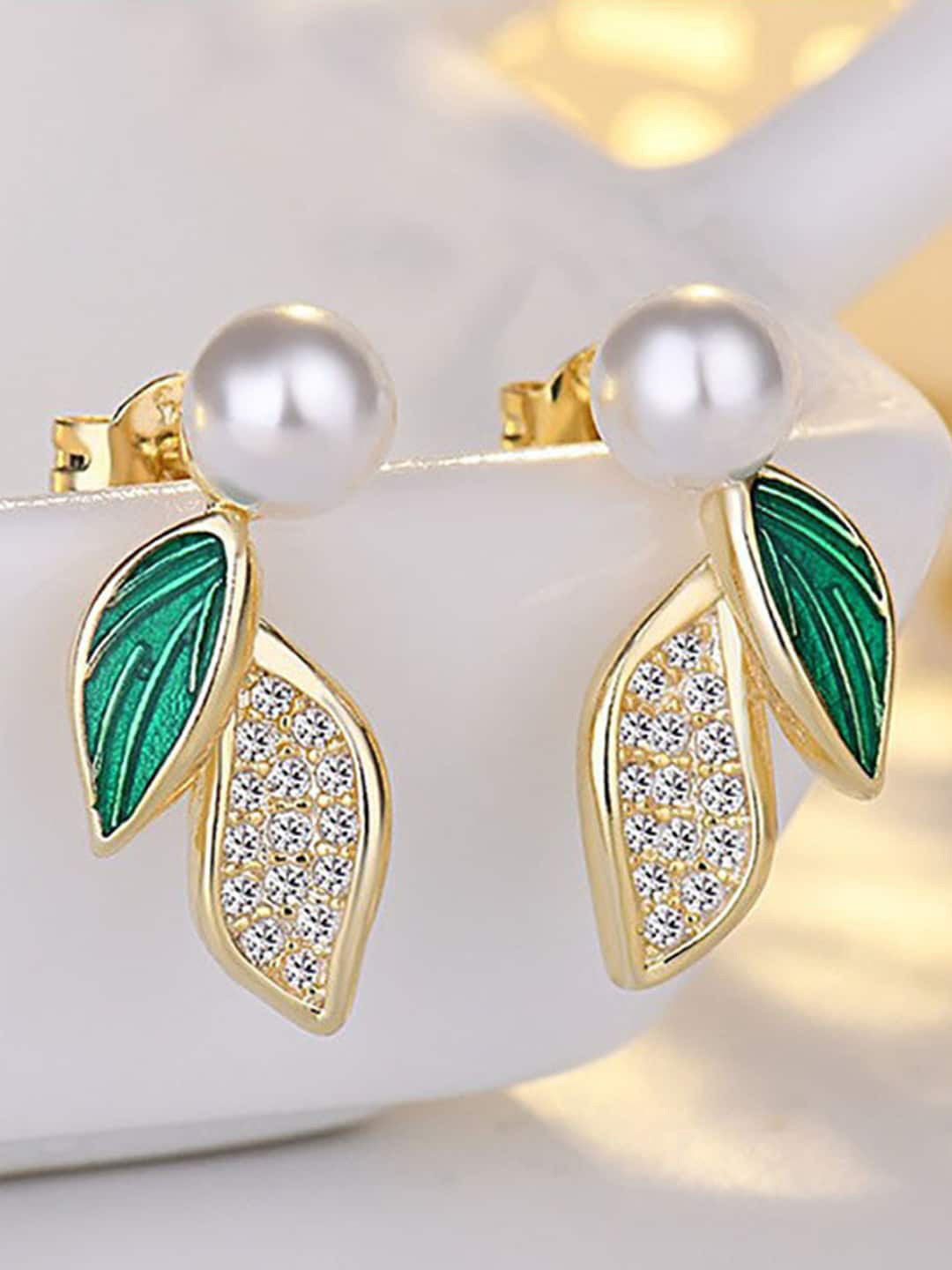 VAGHBHATT Stainless Steel Gold-Plated Stones Studded Leaf Shaped Drop Earrings