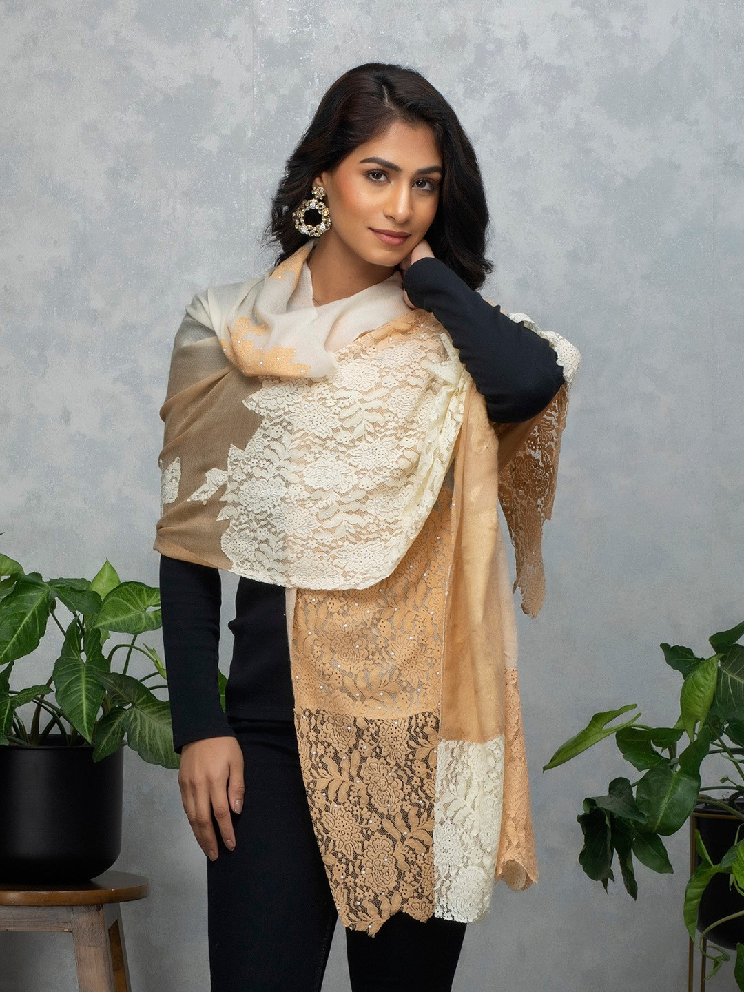 Rhe-Ana Floral Woven Design and embellished Pure Woollen Stole