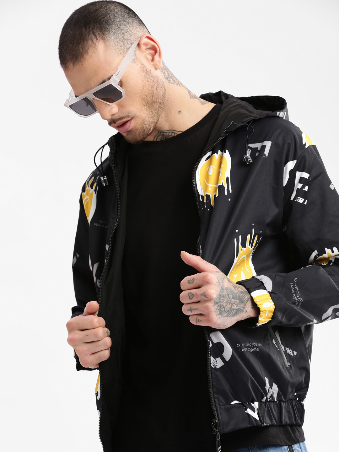 SHOWOFF Typography Printed Reversible Hooded Windcheater Bomber Jacket