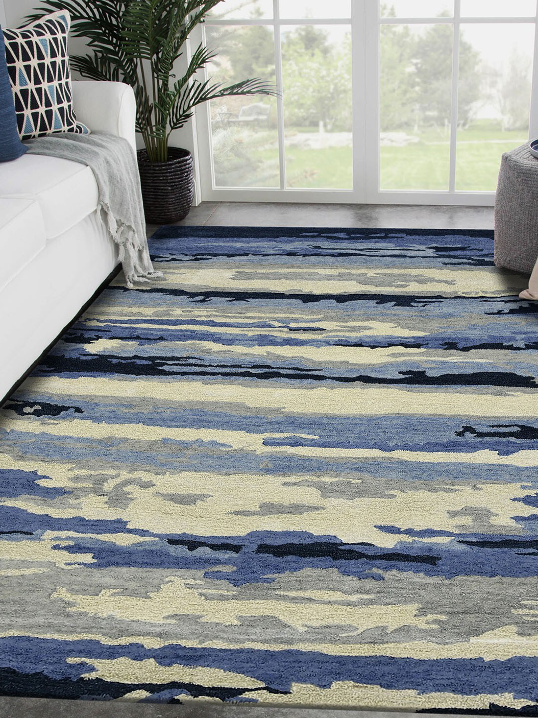 saraswatii global Navy Blue & Cream Abstract Hand-Tufted Woolen Carpets