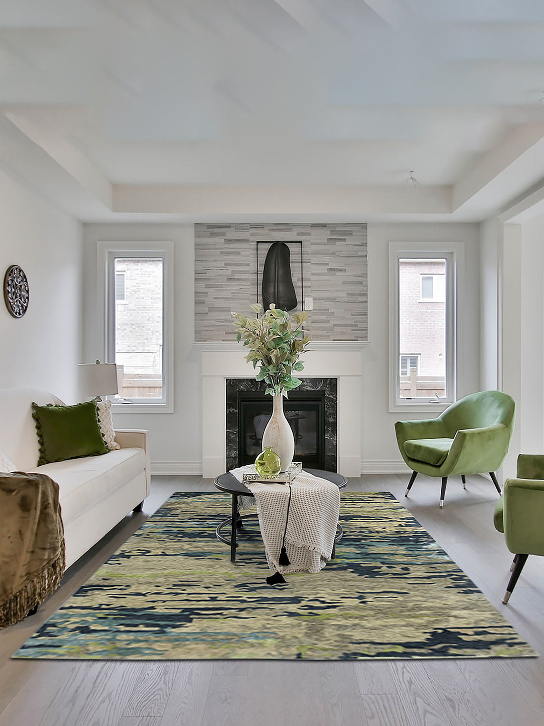 saraswatii global Cream Coloured & Blue Abstract Printed Hand Tufted Rectangular Carpet