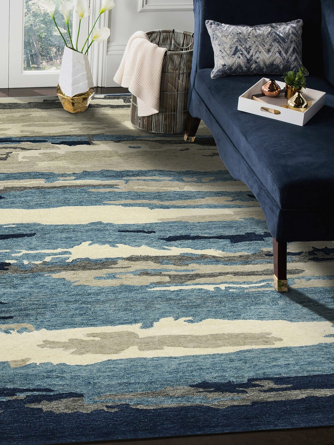 saraswatii global Navy Blue & Grey Abstract Hand-Tufted Woolen Carpets