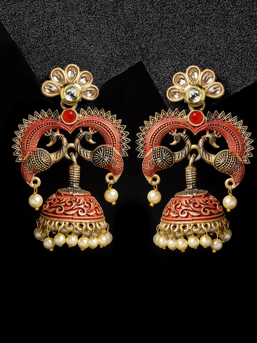 ADIVA Gold-Plated Kundan Studded Hand Painted Peacock Shaped Jhumkas
