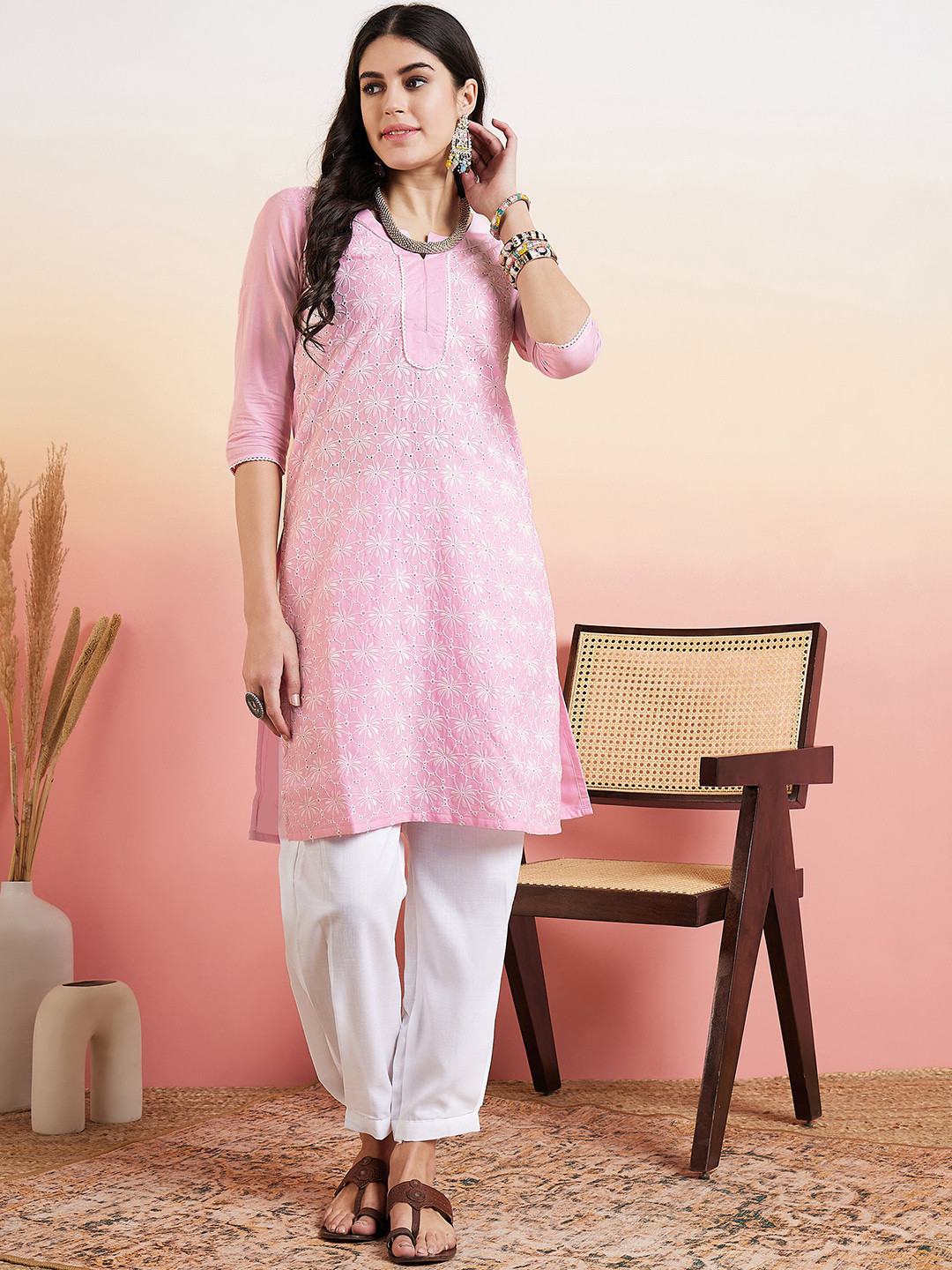 Inddus Pink & White Floral Embroidered Straight Kurta & Dhoti Pant