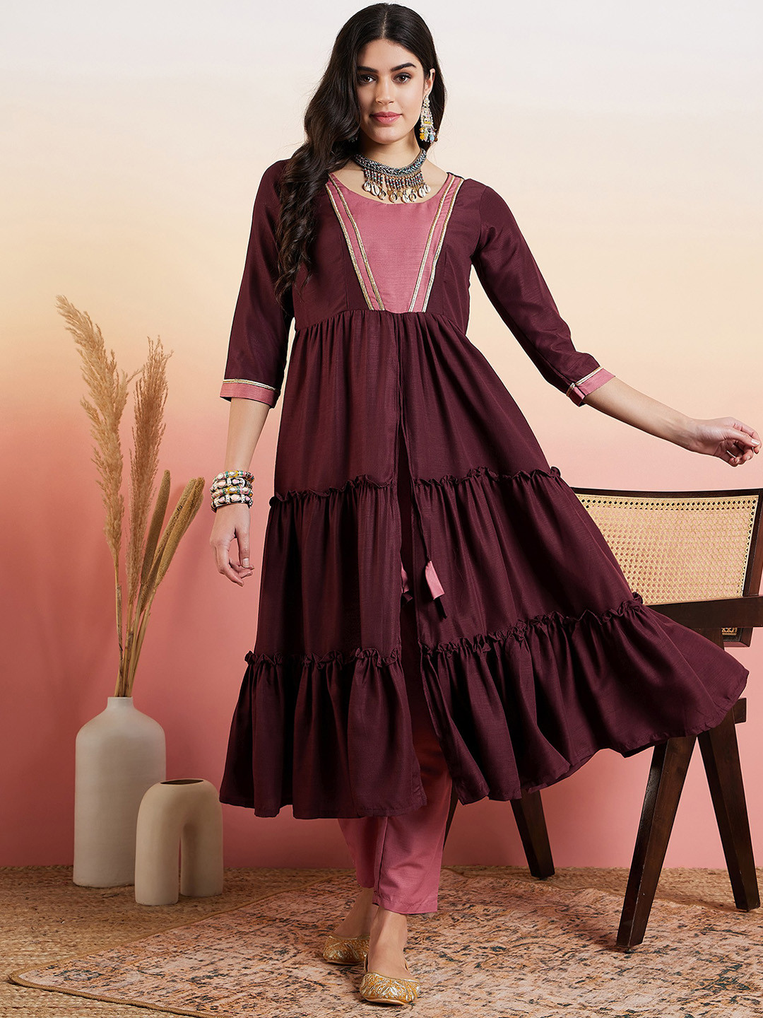 Inddus Brown Round Neck High Slit Gotta Patti A-Line Kurta with Trousers