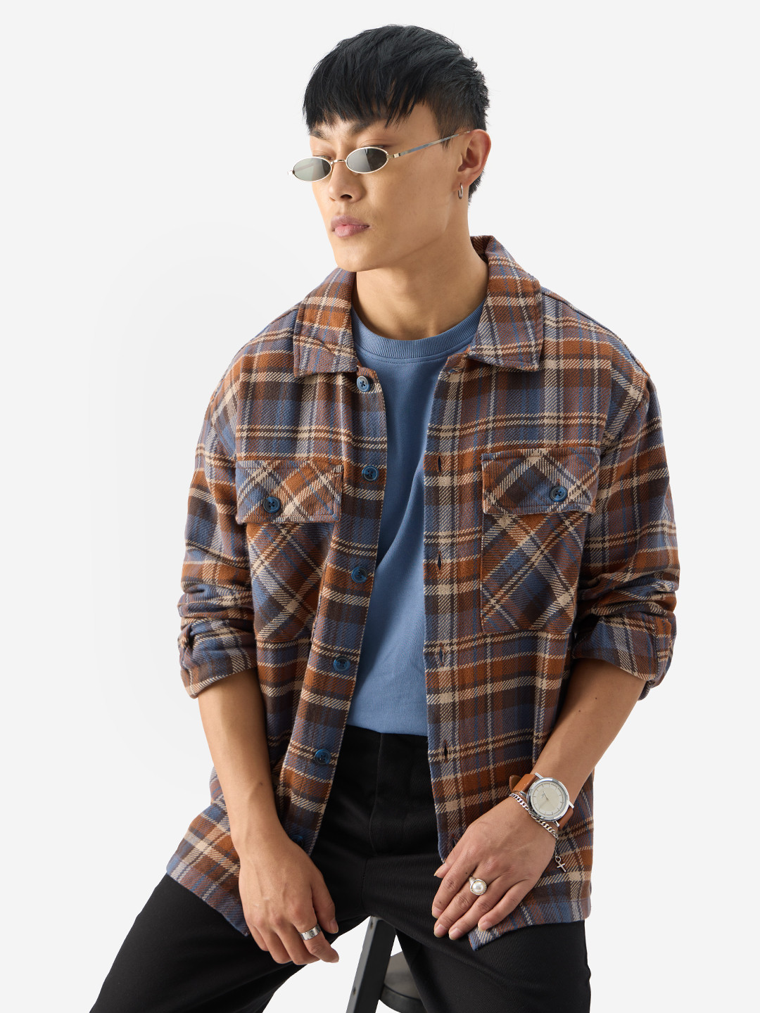 The Souled Store Tartan Checks Opaque Flannel Cotton Oversized Casual Shirt