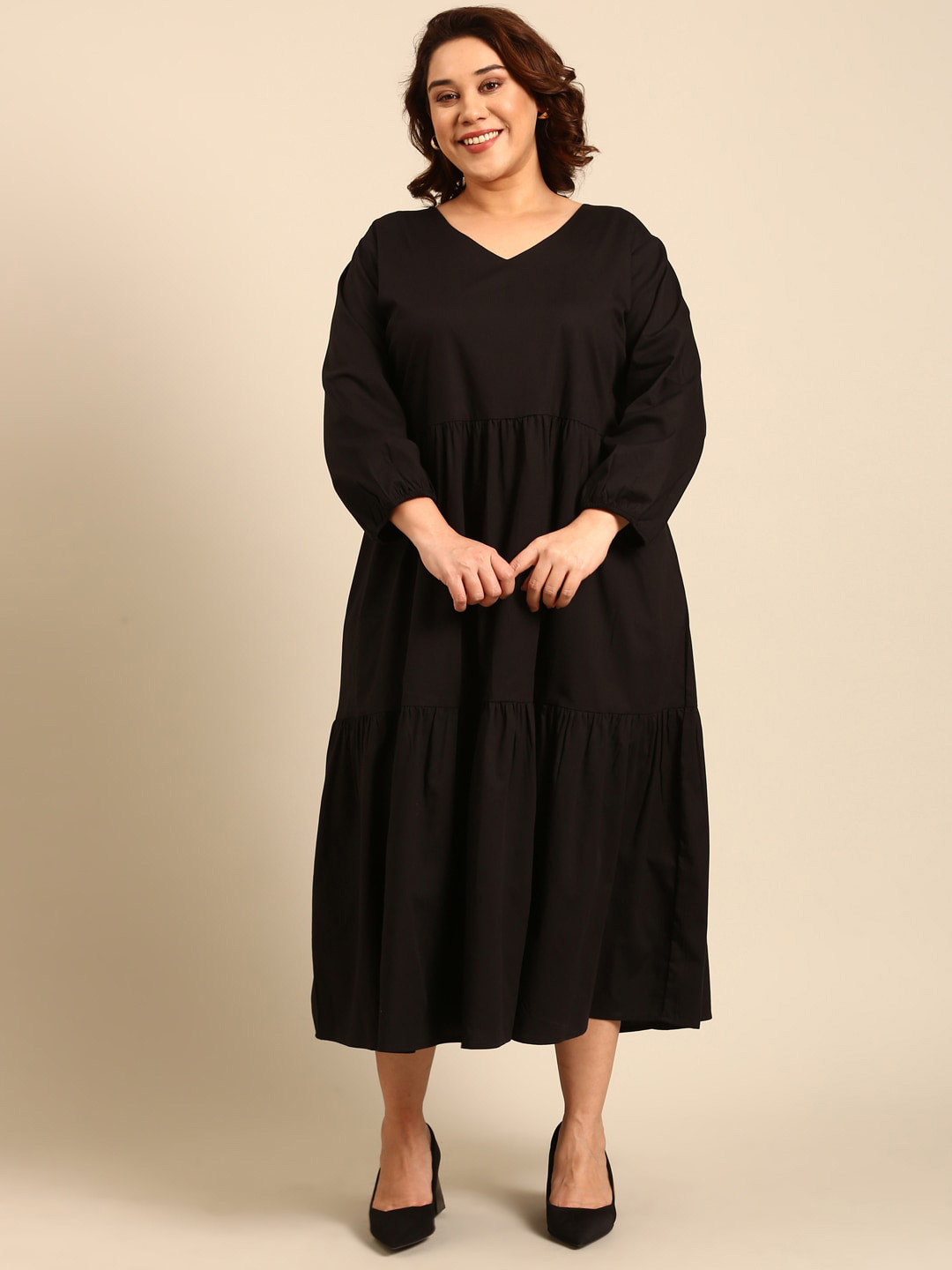 The Pink Moon Plus Size V-Neck Fit and Flare Midi Tier Dress