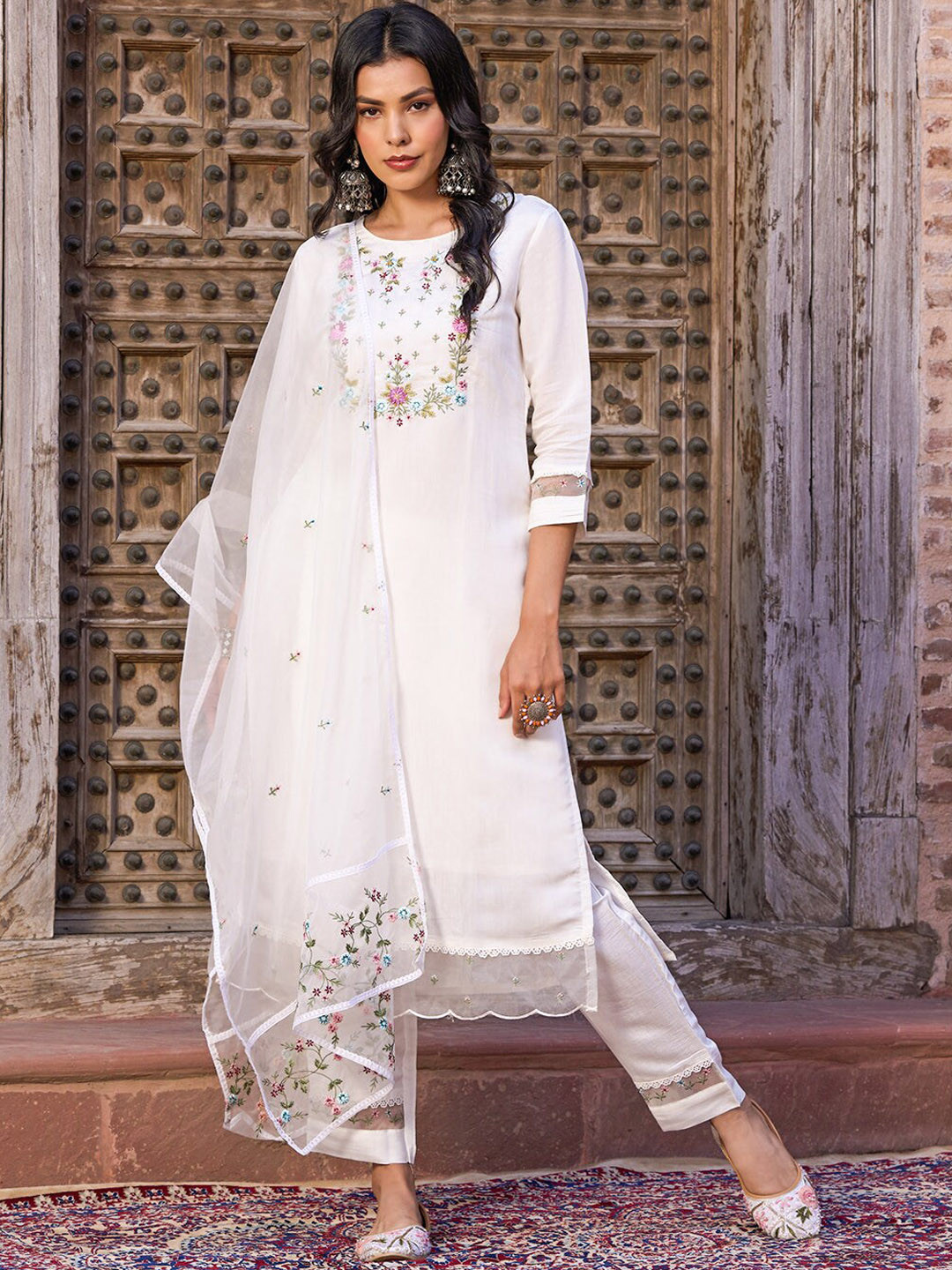 NIZA FASHION Floral Yoke Design Chanderi Silk Straight Kurta & Trousers With Dupatta