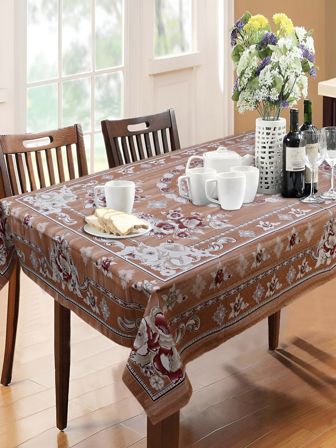 Dakshya Industries Brown Floral Printed Waterproof 6-Seater Table Cover