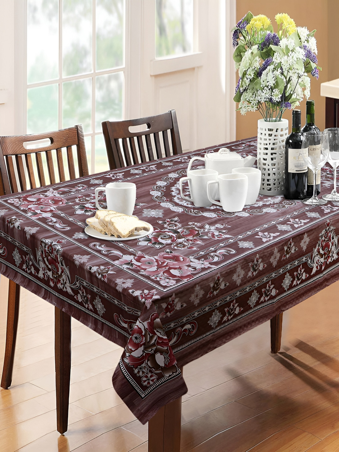 Dakshya Industries Coffee Brown Floral Printed Waterproof Plastic 6-Seater Table Cover