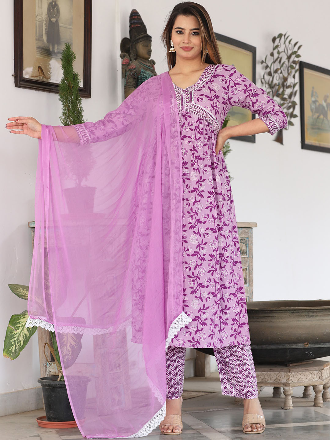 SINGNI Floral Printed Empire Sequinned Anarkali Kurta With Trousers & Dupatta