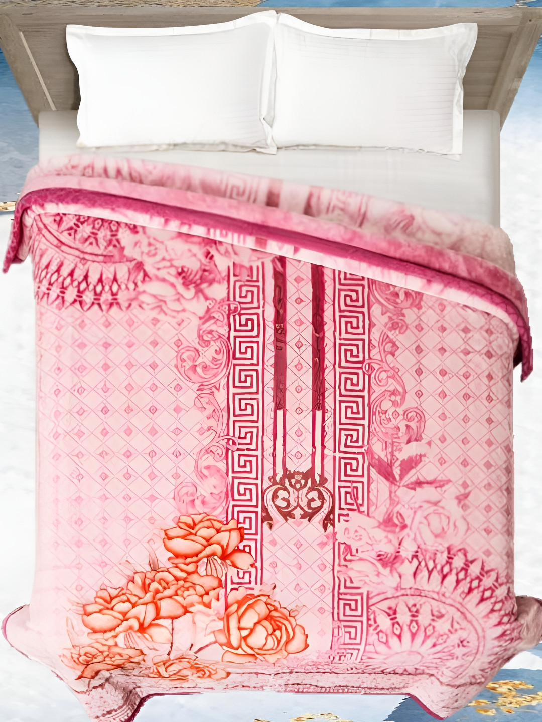 Signature Pink & Red Floral Printed Heavy Winter 350 GSM Single Bed Blanket