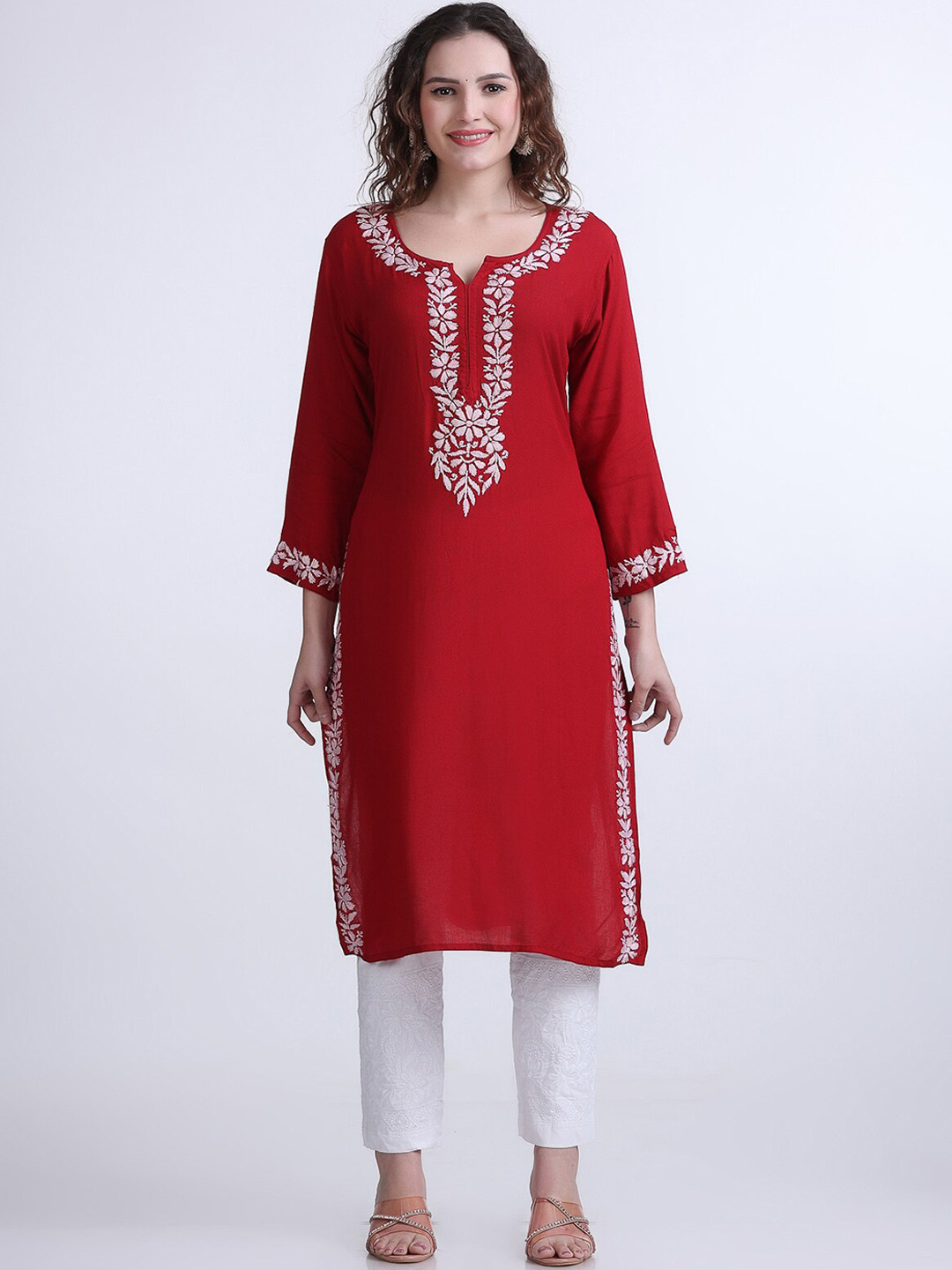 FAWOMENT  Yoke Design Flared Sleeves Thread Work Summer Sheers Kurta