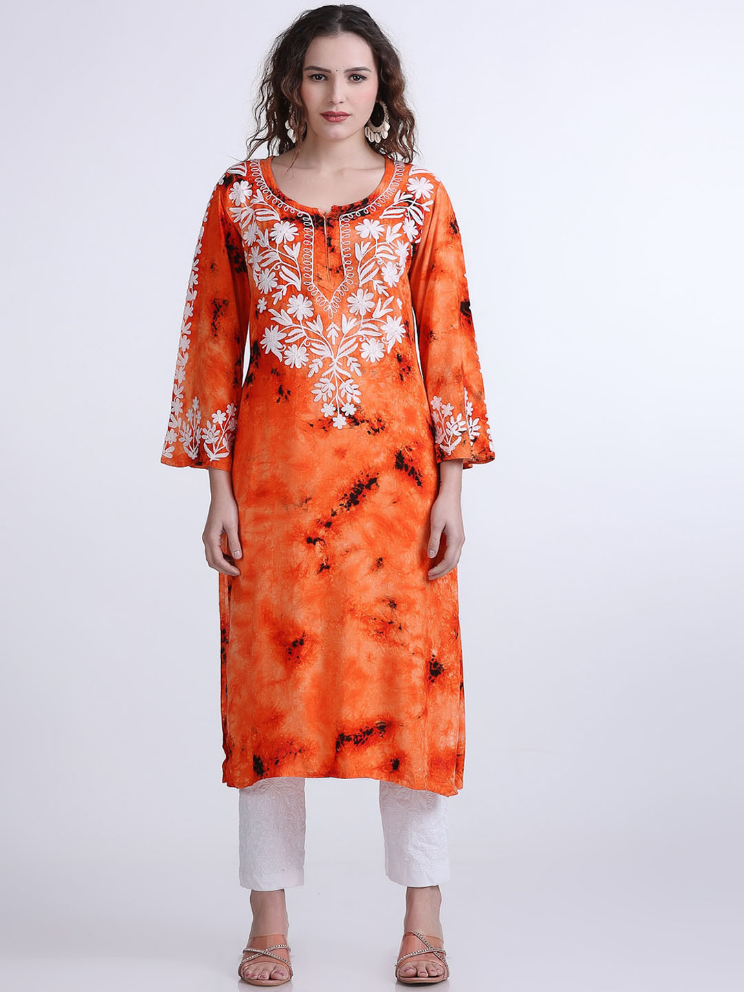 FAWOMENT Ethnic Motifs Embroidered Flared Sleeves Chikankari Shadow Work Kurta
