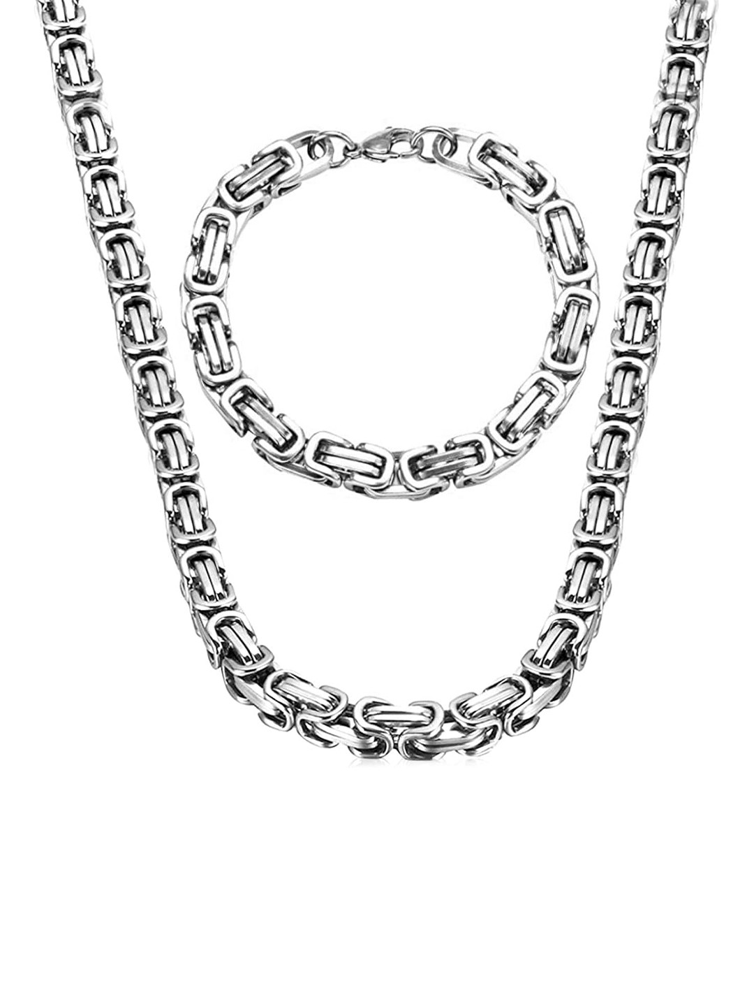 MEENAZ Men Set Of 2 Stainless Steel Silver-Plated Choker Chain & Bracelet