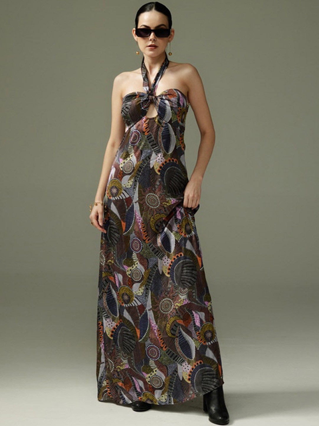 Tizzi Printed Halter Neck Chiffon Maxi Dress