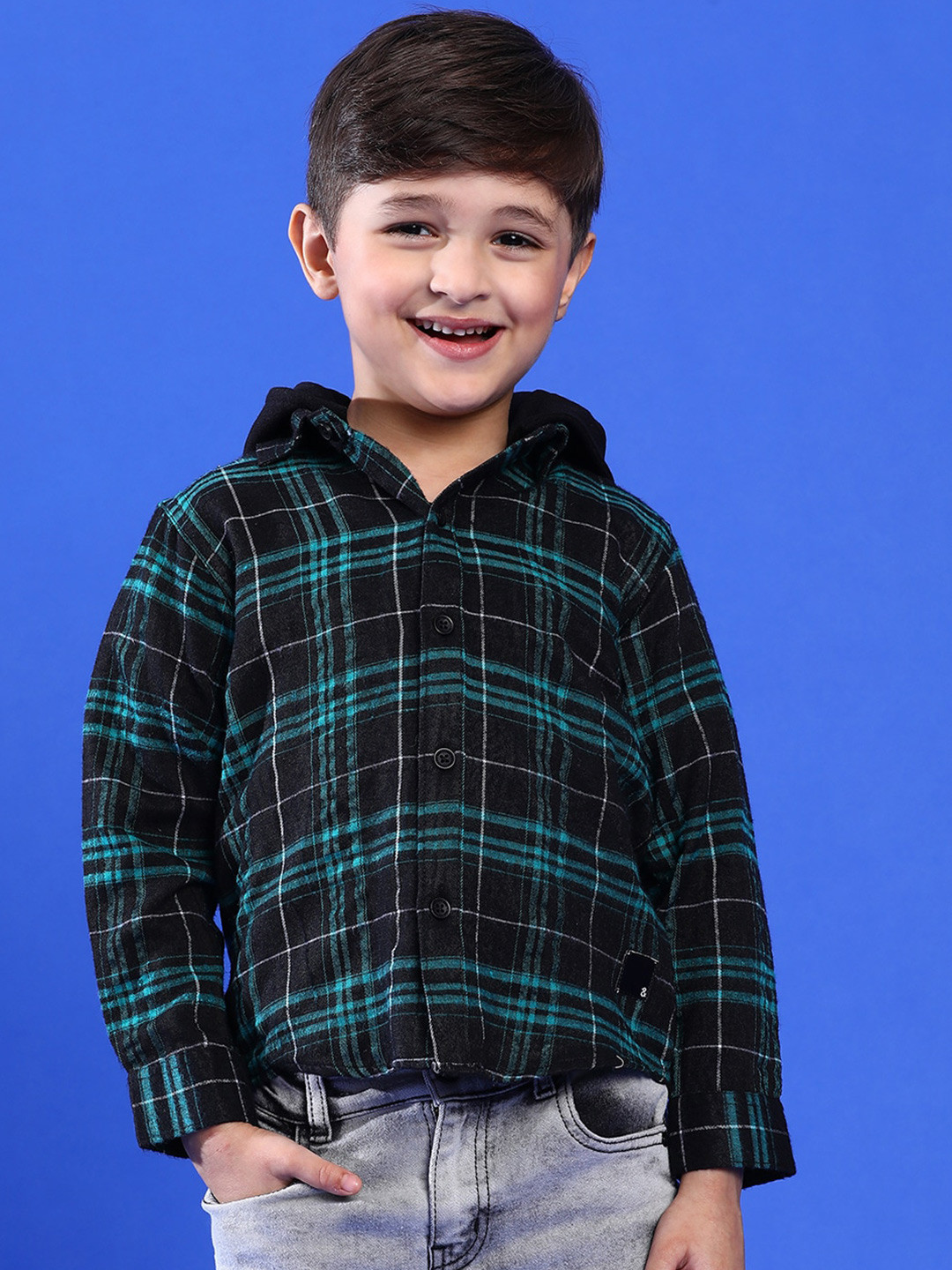 TALES & STORIES Boys Checked Cotton Opaque Hooded Shirt