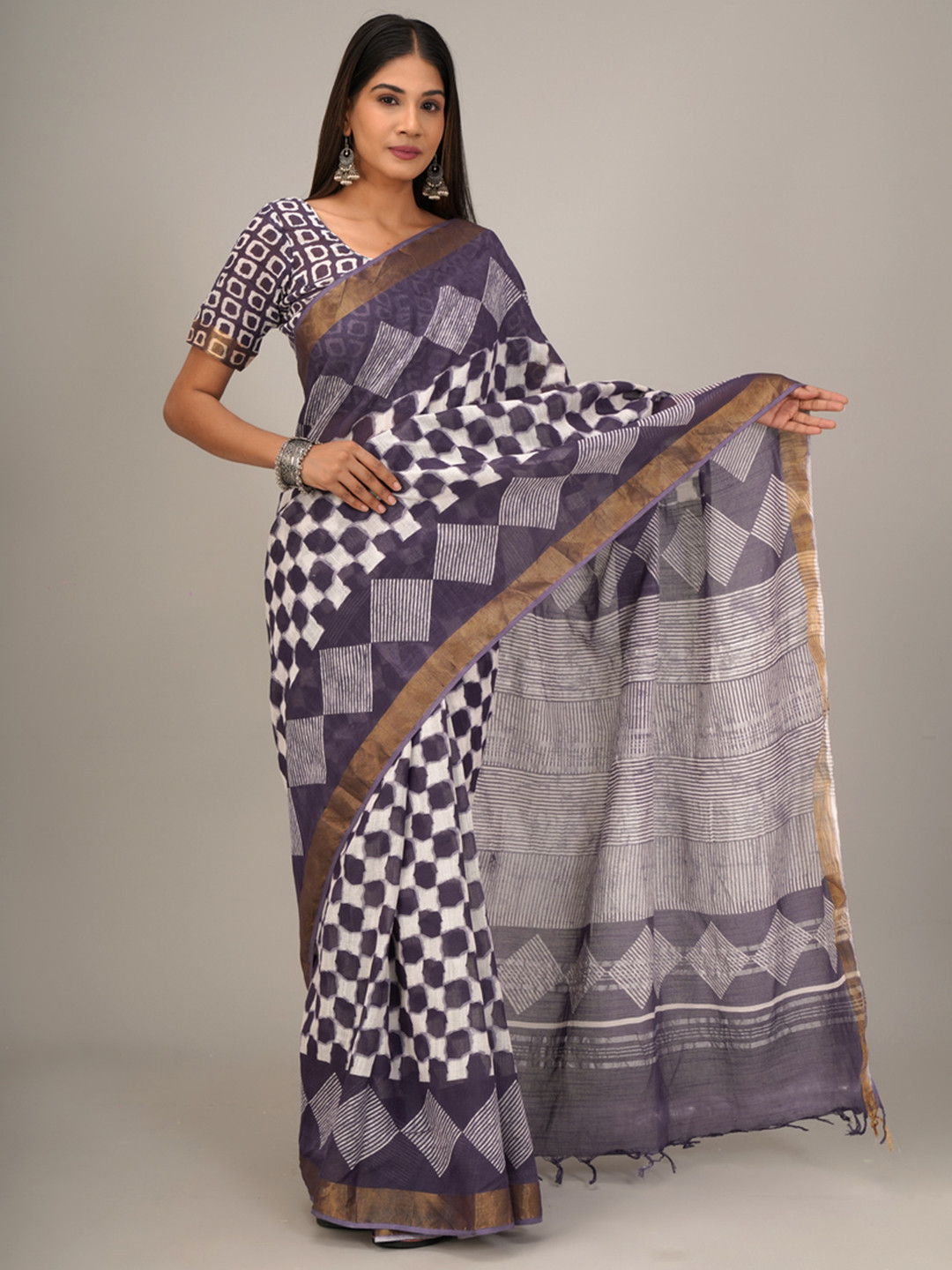 JALTHER Geometric Zari Linen Blend Block Print Saree