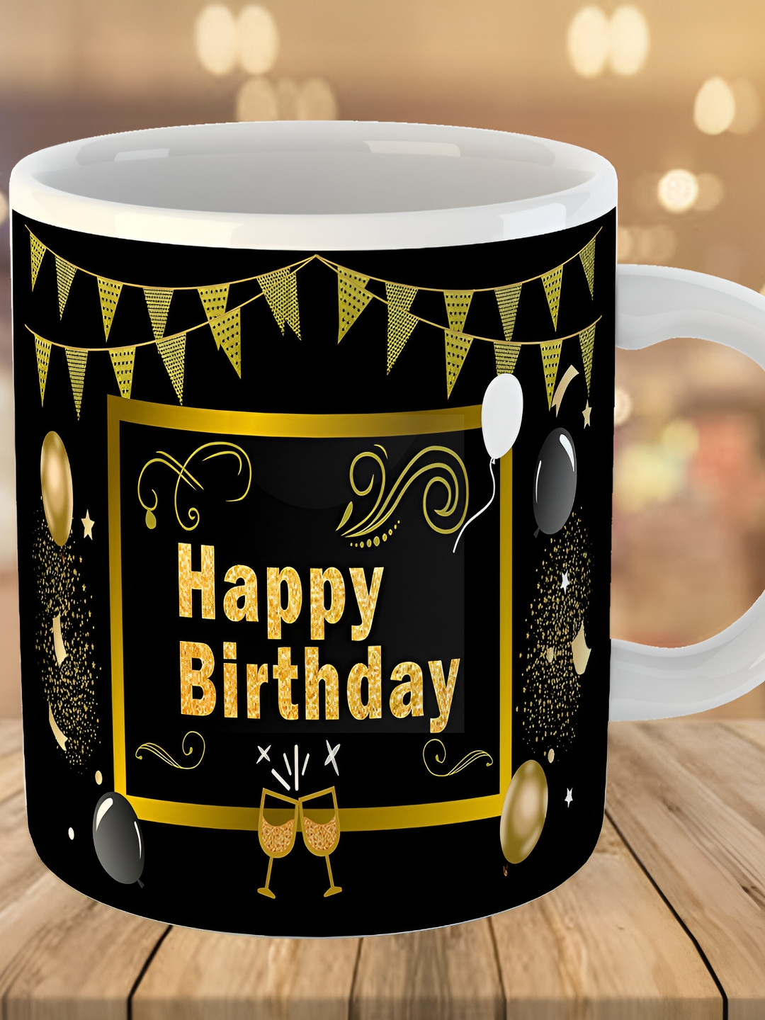 Keviv Black & Yellow Happy Birthday Printed Ceramic Glossy Coffee Mug 325 ml