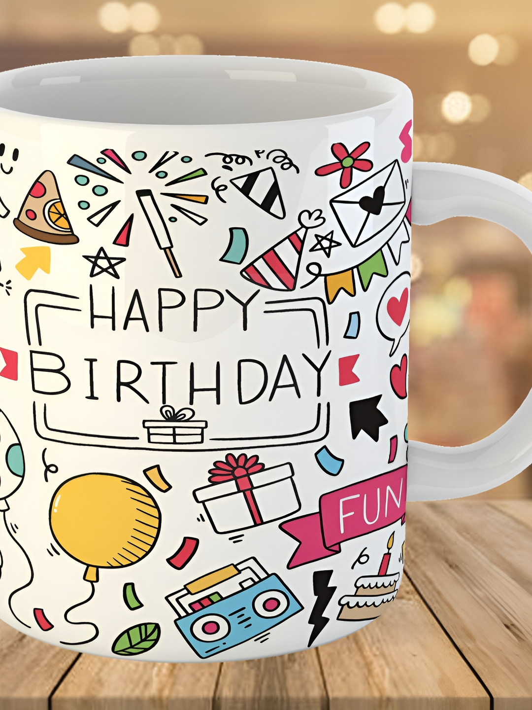 Keviv White & Black Happy Birthday Printed Ceramic Glossy Coffee Mug 325 ml