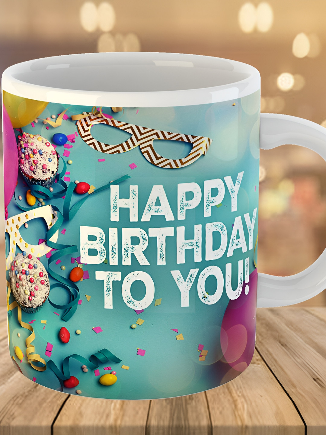 Keviv Sea Green & White Happy Birthday To You Printed Ceramic Glossy Coffee Mug 325 ml