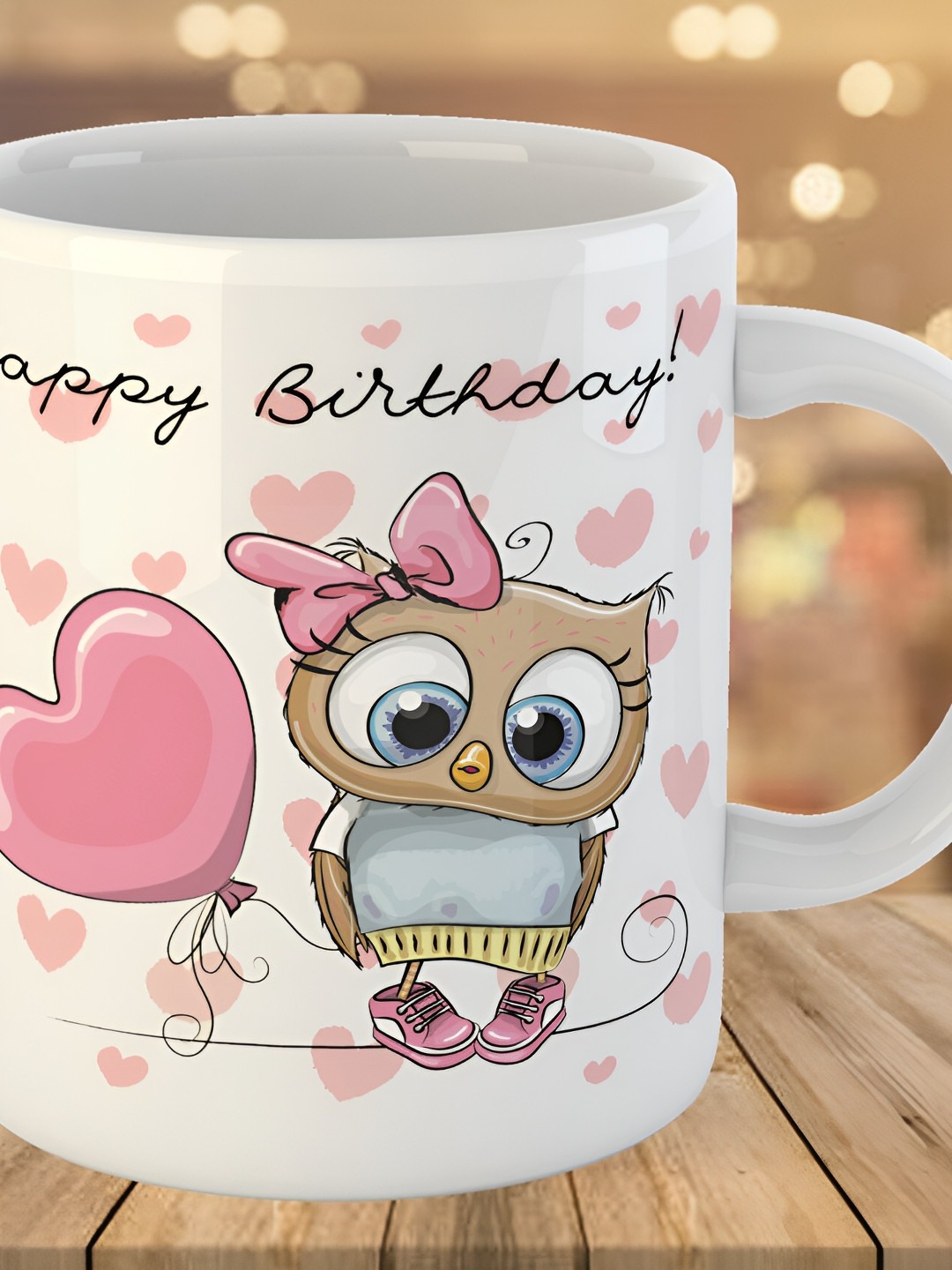 Keviv White & Pink Happy Birthday Printed Ceramic Glossy Coffee Mug 325 ml