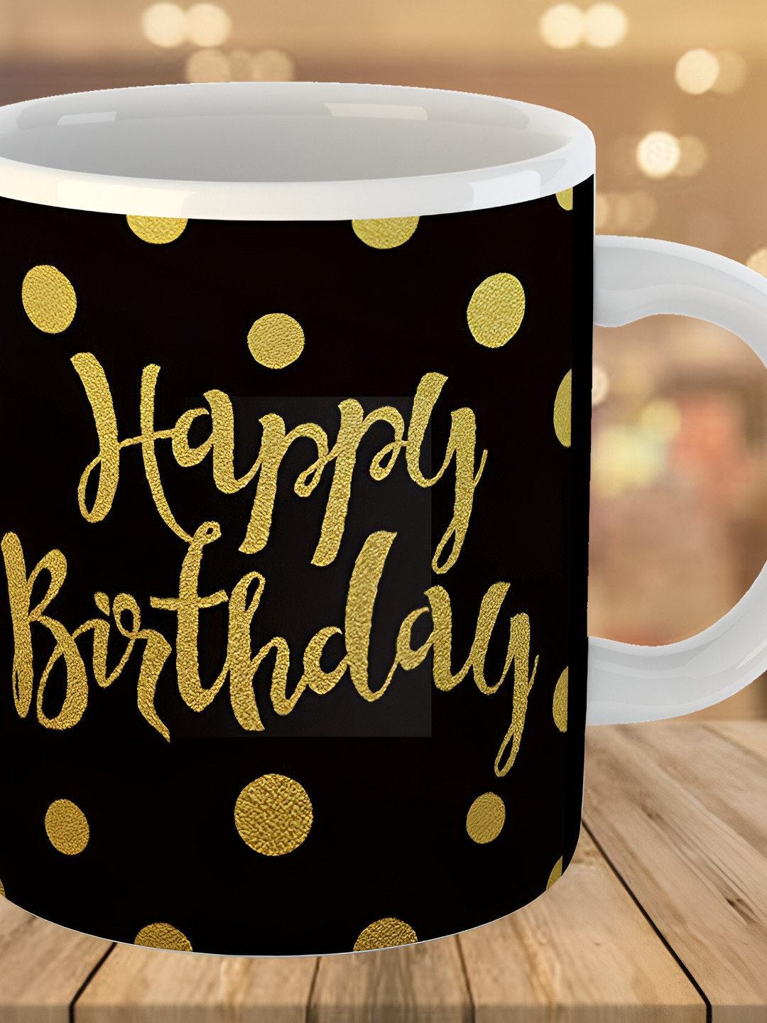 Keviv Black & Gold Toned Happy Birthday Printed Ceramic Glossy Coffee Mug 325 ml
