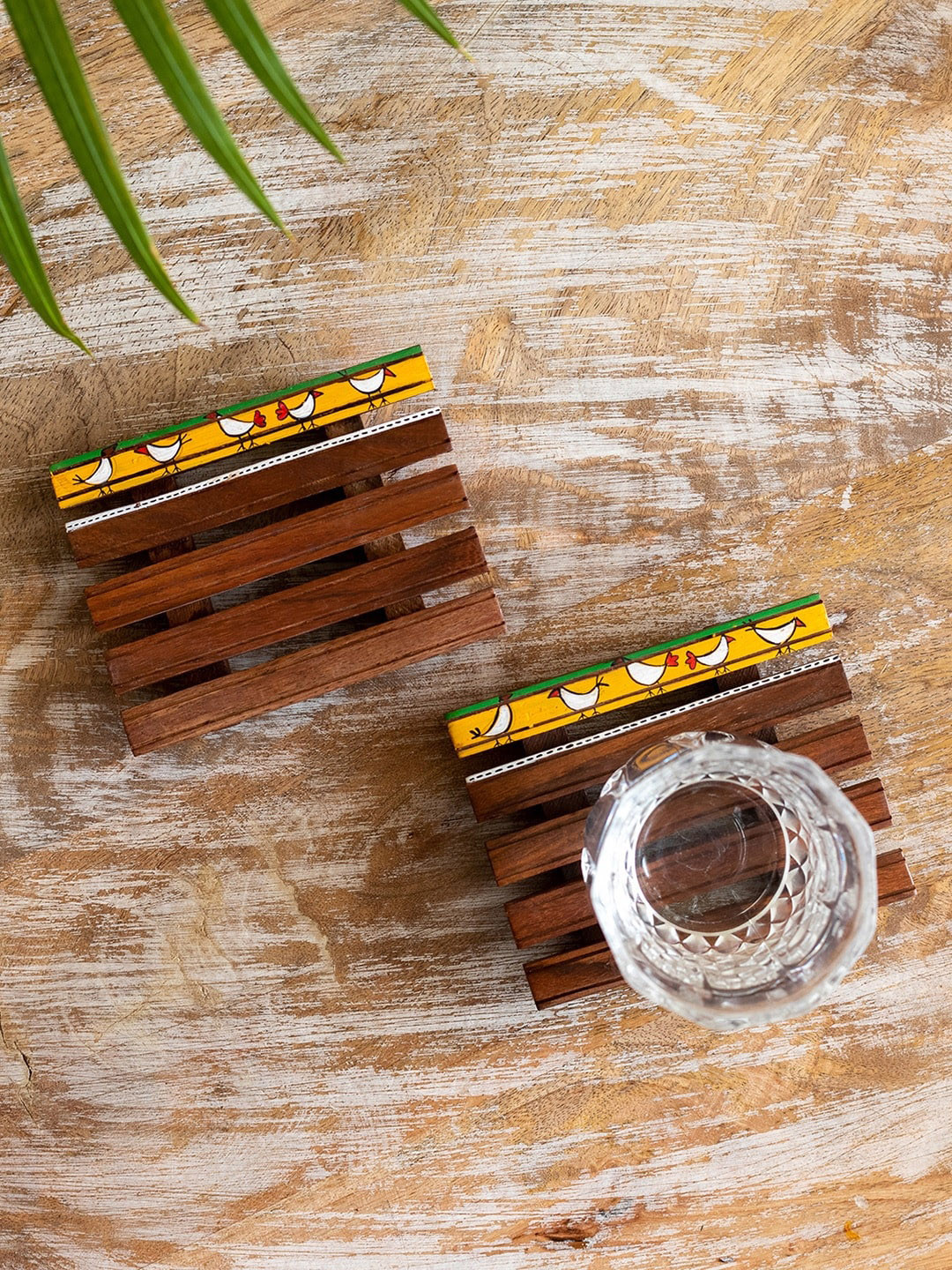 ExclusiveLane Clucking Hens Coffee Brown 2 Pieces Wooden Coasters