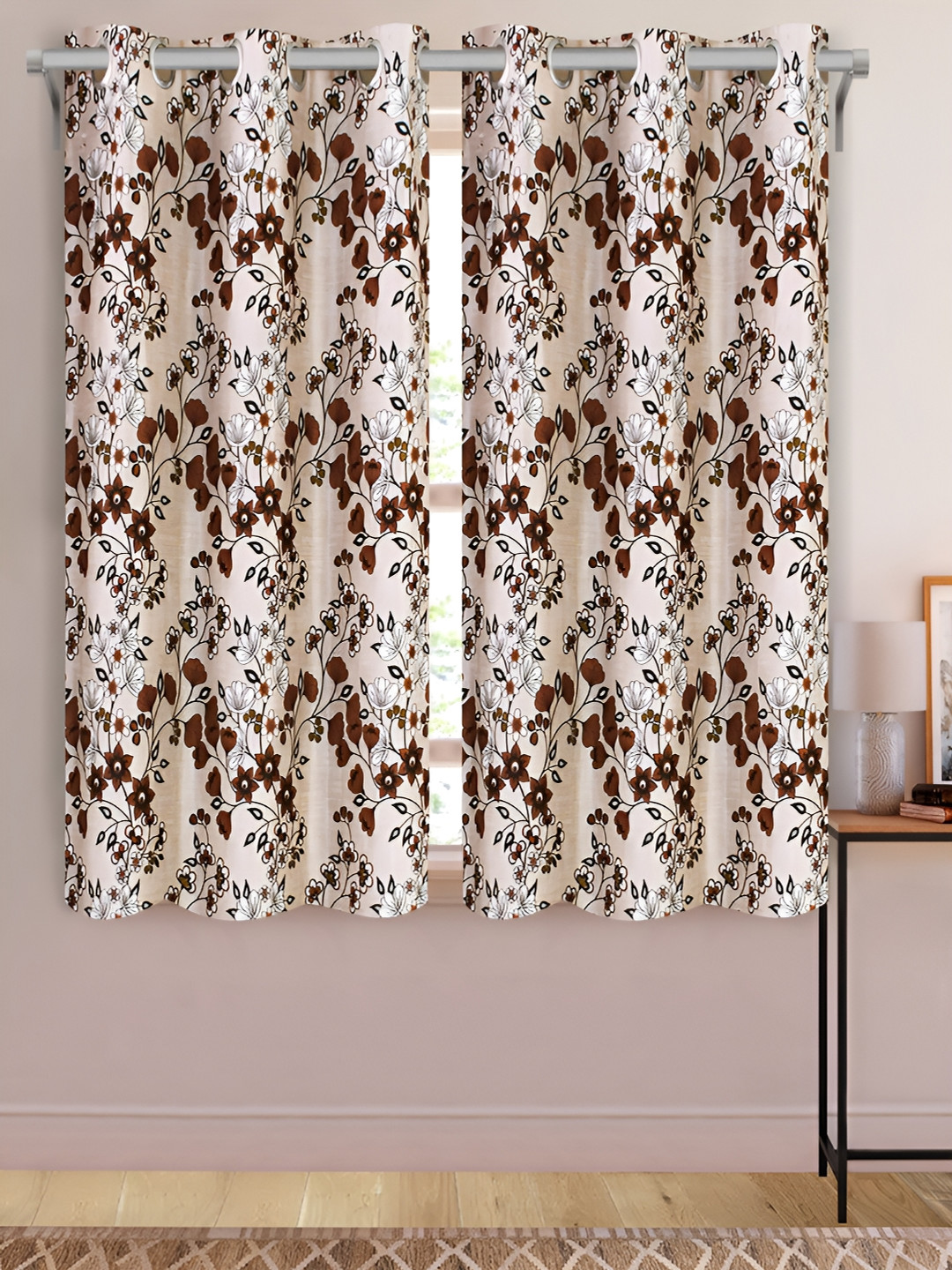 Aura Brown & White 2 Pieces Floral Printed Window Curtains