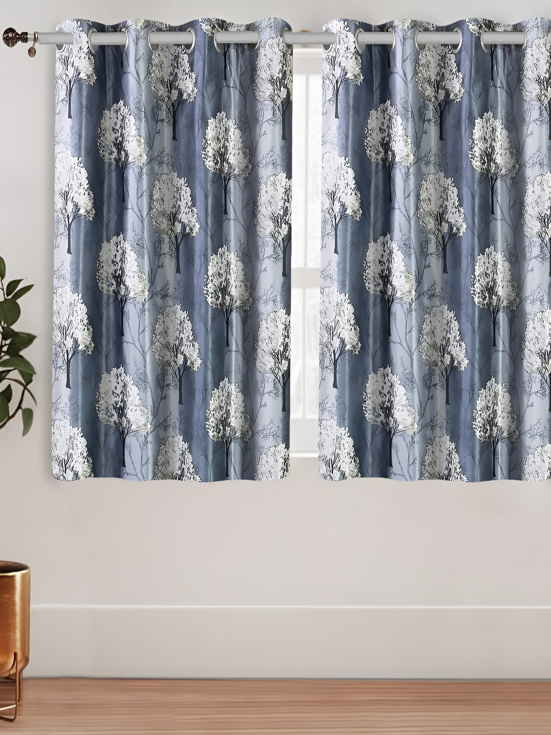 Aura Blue & White 2 Pieces Floral Printed Room Darkening Long Crushed Window Curtains