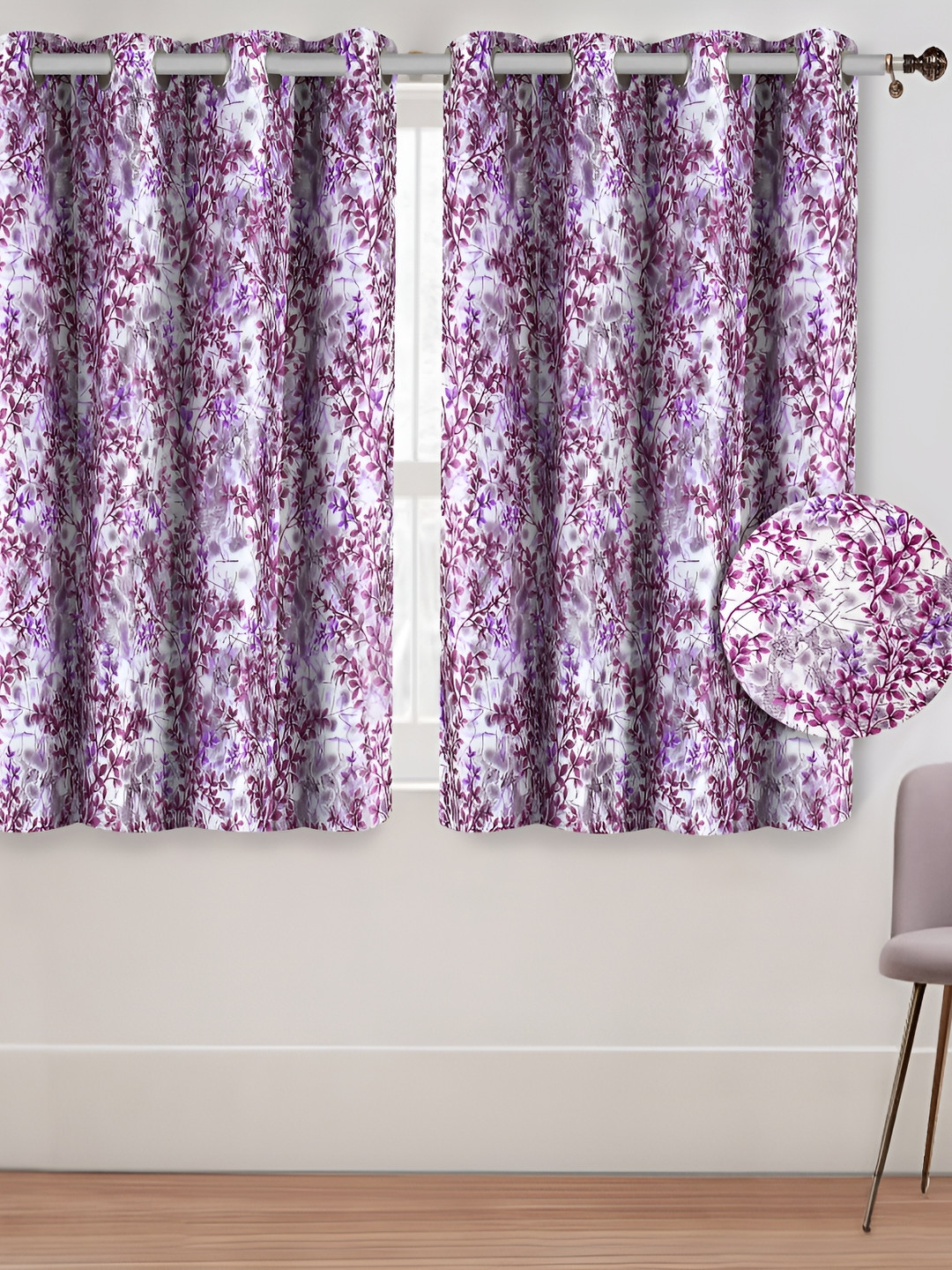 Aura Purple & White 2 Pieces Floral Printed Window Curtains