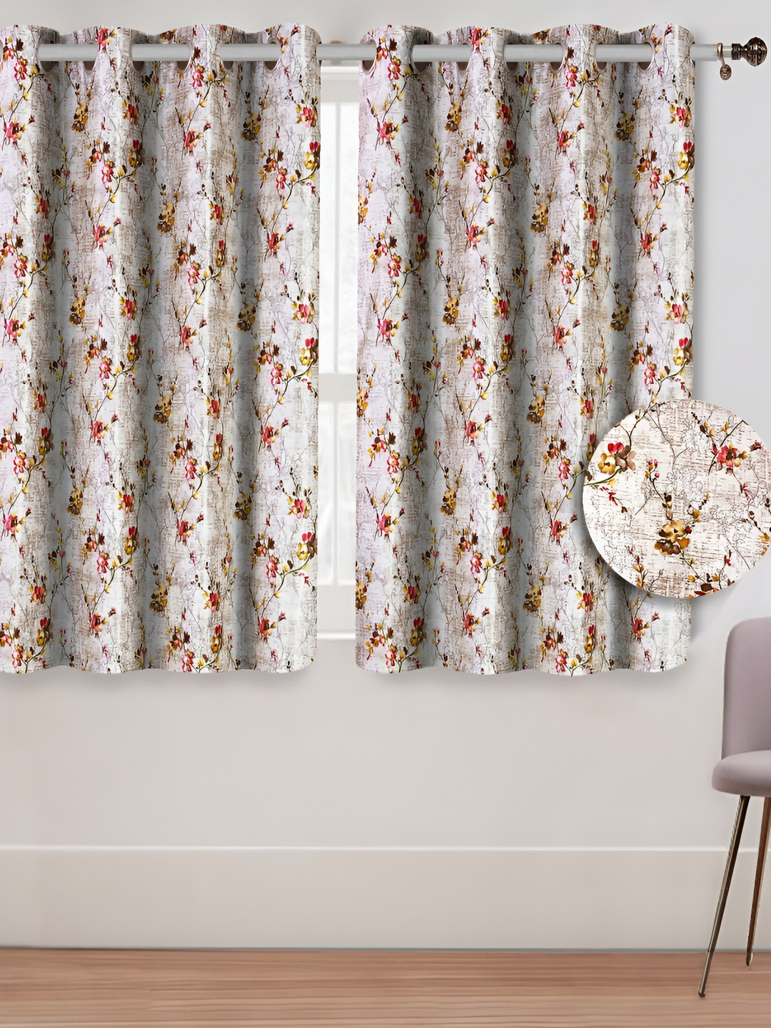 Aura White & Yellow 2 Pieces Floral  Printed Room Darkening Window Curtains