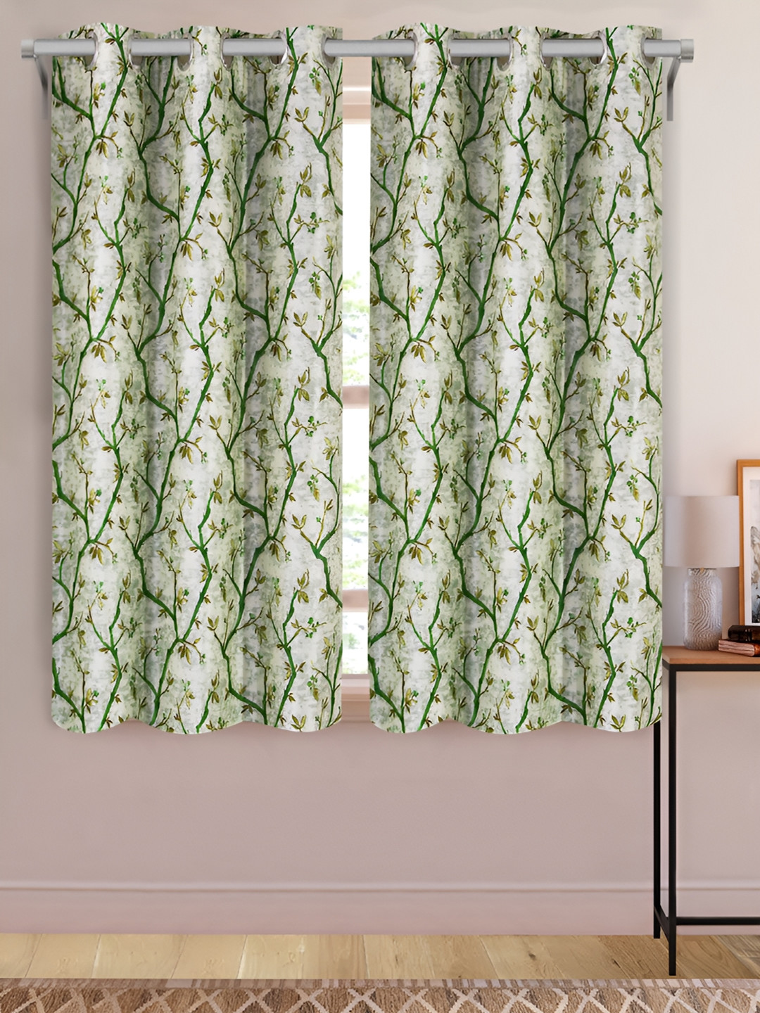 Aura Green and White 2 Pieces Floral Printed Room Darkening Long Crushed Window Curtains