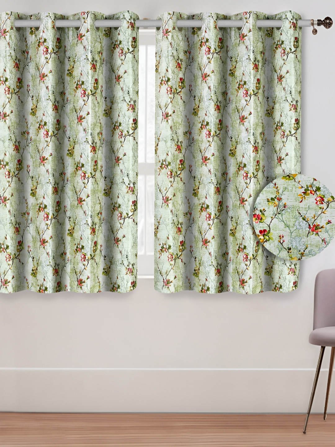 Aura Green & Red 2 Pieces Floral Printed Room Darkening Window Curtains