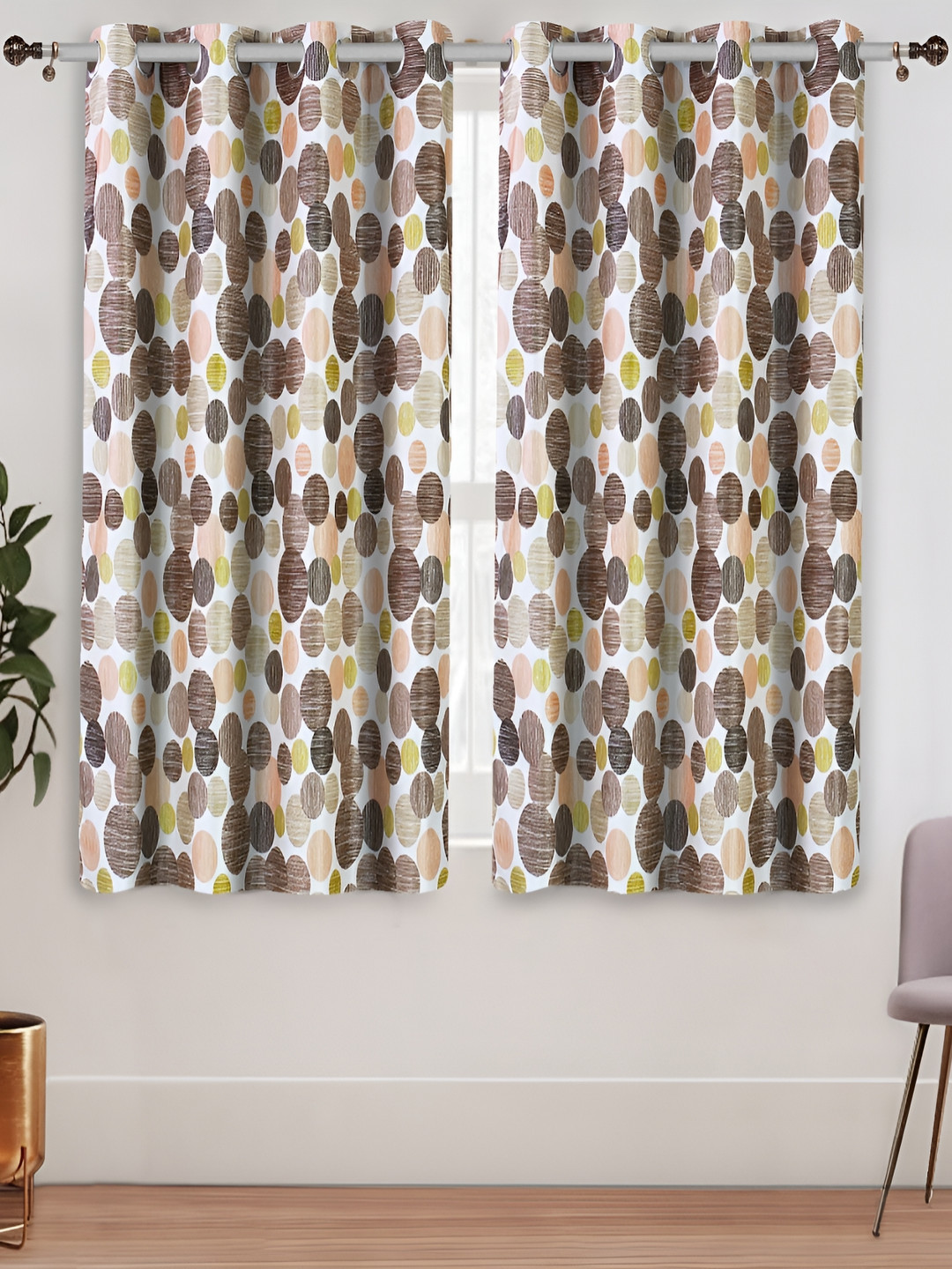 Aura Brown & White 2 Pieces Polka Dots Window Curtains