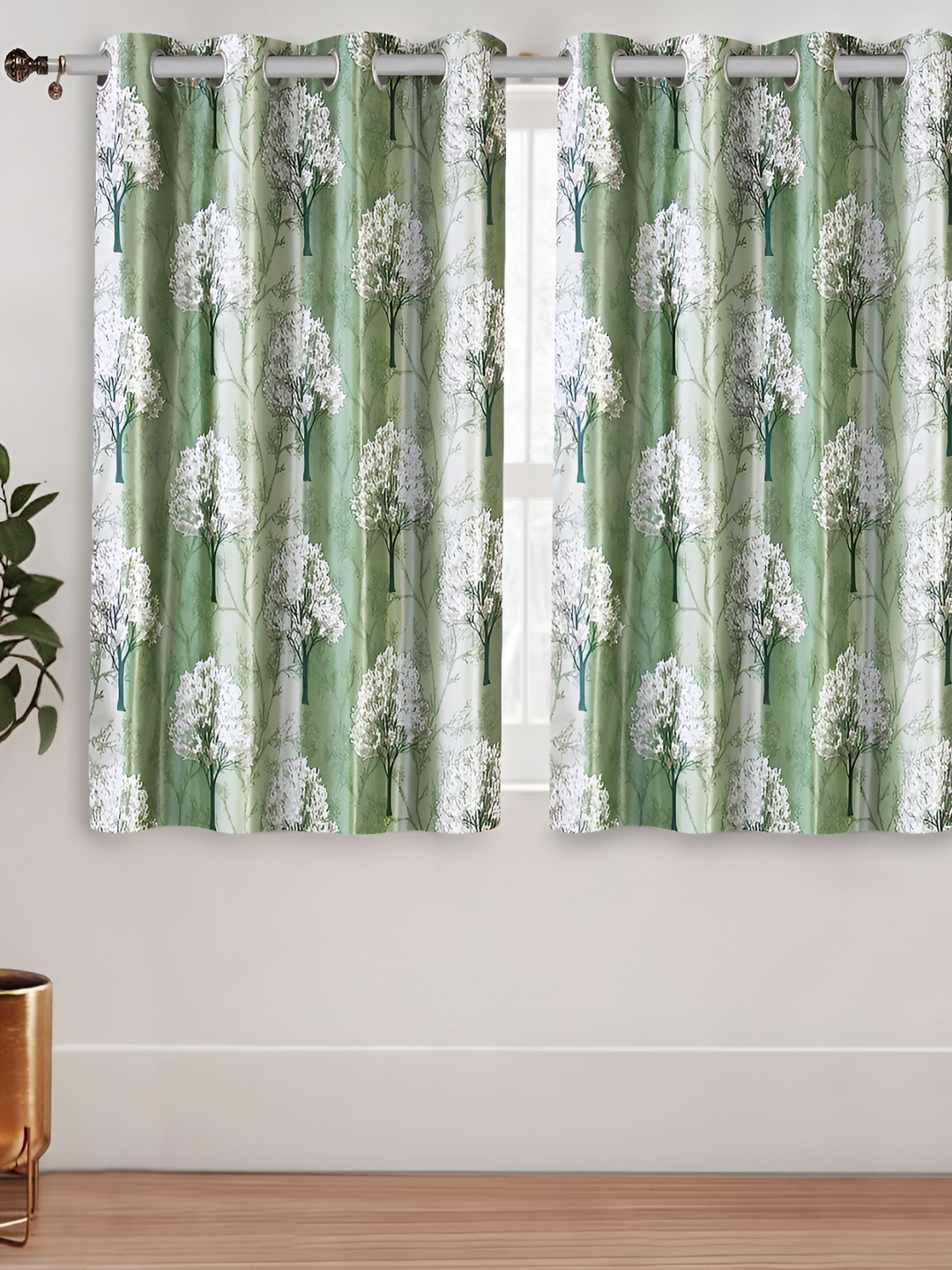 Aura Green & White 2 Pieces Floral Printed Room Darkening Long Crushed Window Curtains