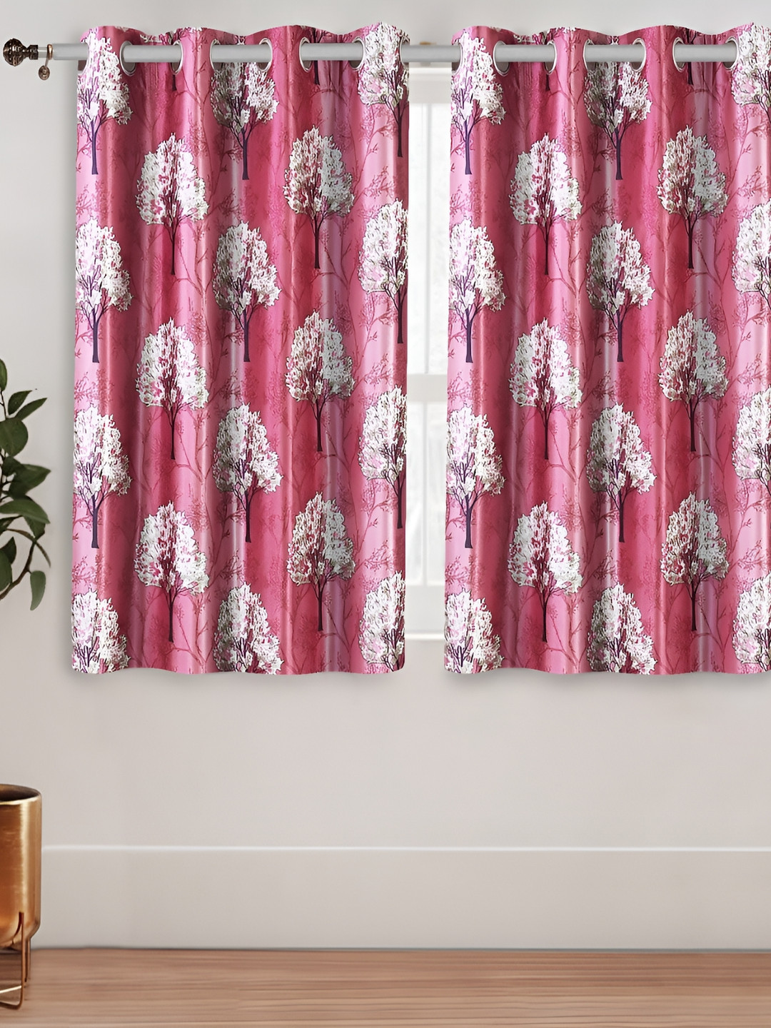 Aura Pink & White 2 Pieces Floral Printed Room Darkening Long Crushed Window Curtains