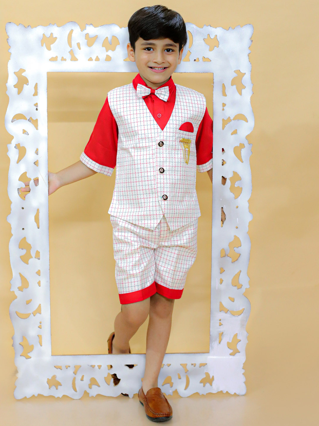BAESD Boys Checked Waistcoat Shirt, Bow-Tie & Shorts Four-Piece Suit