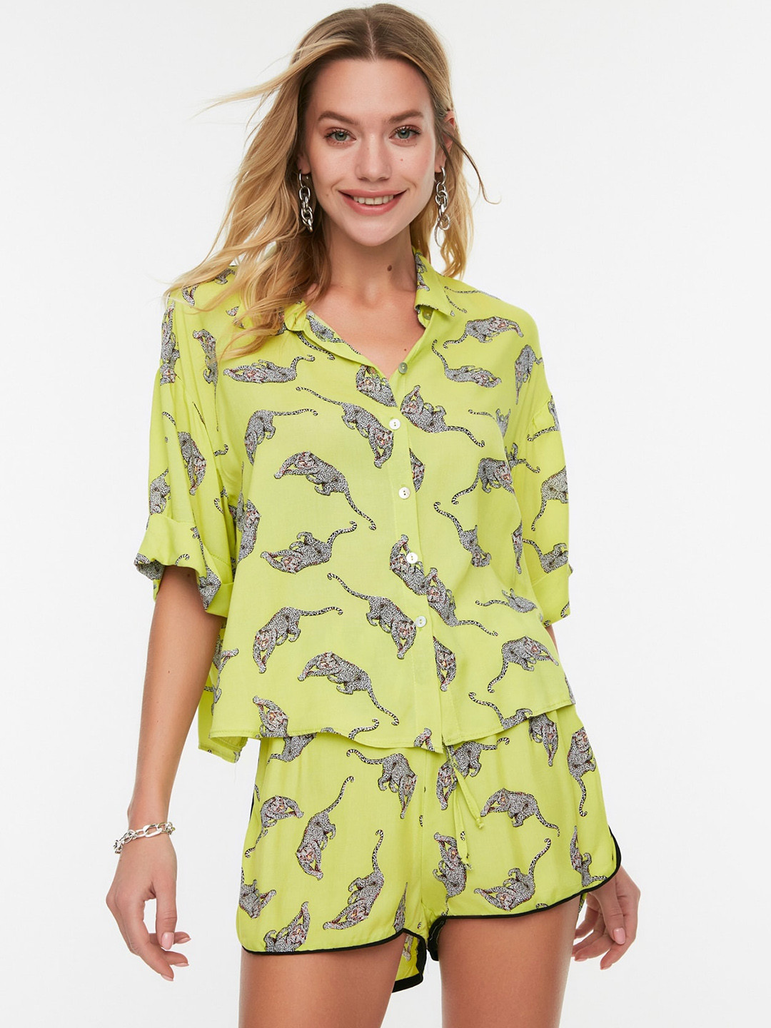 Trendyol Animal Printed Collar Shirt With Shorts
